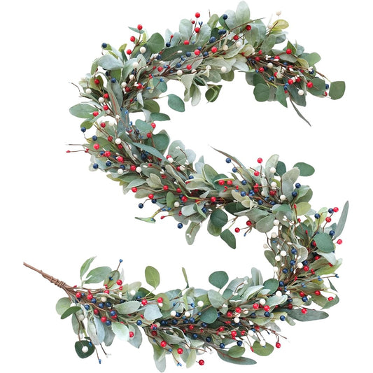 Tempus 6ft Independence Day Garland Red White Blue Berry Green Wreath Decor for Entrance 4th of July Summer Wreath Independence Day Wall Hanging Wreath Decor