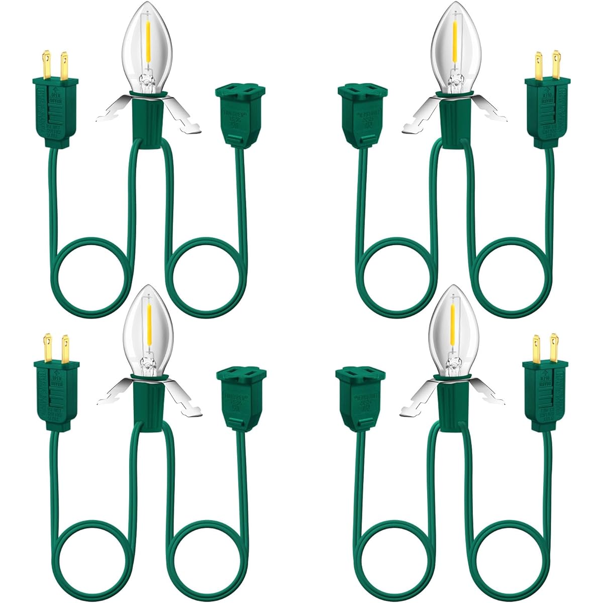 JOZDAUP Lighting System 3.3ft Green Accessory Cord with 1 LED C7 Spare Fuse Bulb, Pack of 4 Blowout Lights with Outlets and Plugs, Great for Halloween, Christmas, Village, Homemade Craft Decorations