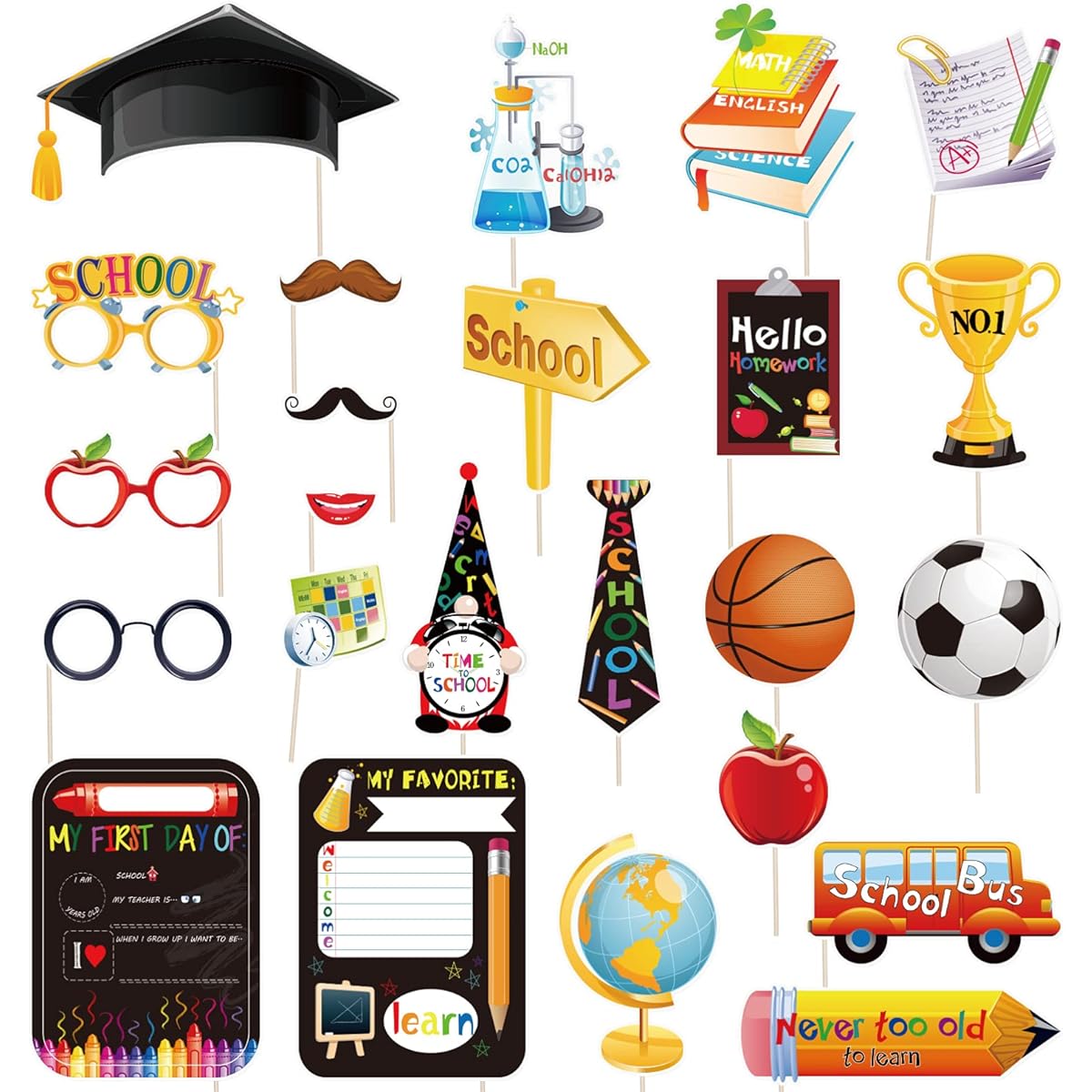 PRETYZOOM Back to School Photo Booth Props Kit, First School Year Decoration, Party Supplies, No DIY Required, For Back to School Celebrations, Kindergarten, 24 Pieces