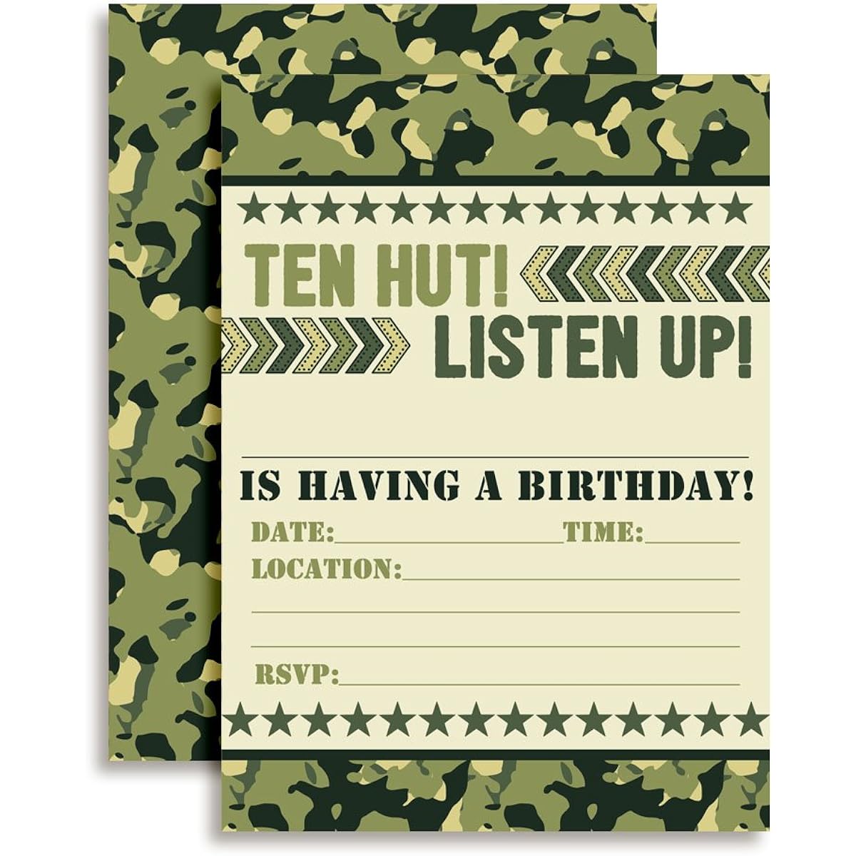 Ten Hats by AmandaCreation! Army Camouflage Birthday Party Invitations 5"x7" 20 Sheets with 20 White Envelopes