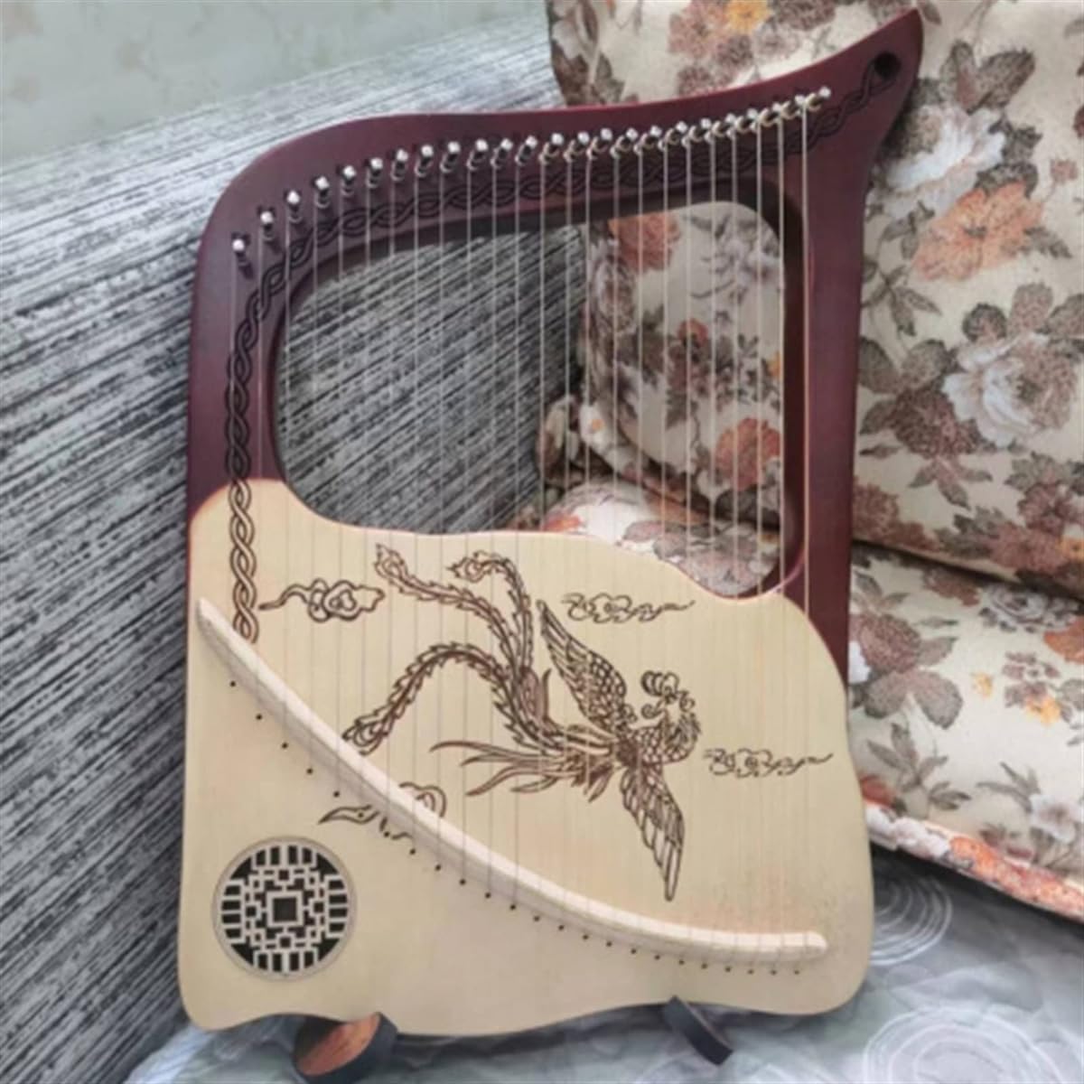 WowZza 24 String Harp Lyre Handmade Carved Portable Pattern Wooden Musical Instrument Lyre Harp for Beginners