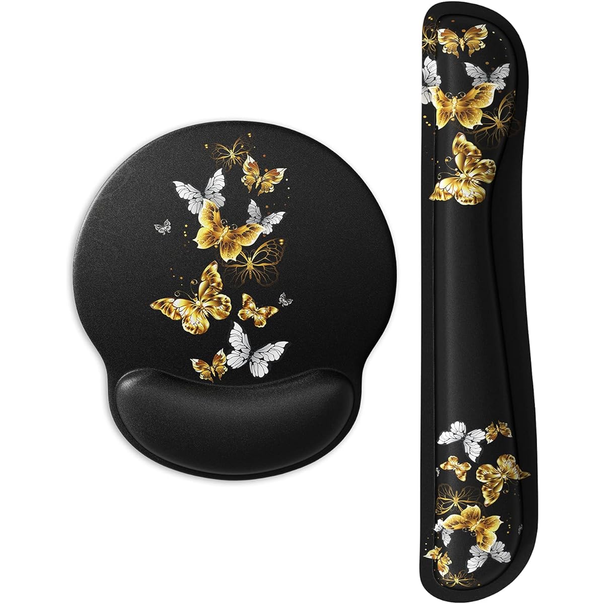 ITNRSIIET Gaming Mouse Pad with Wrist Support, Keyboard Wrist Support and Mouse Pad with Wrist Rest, Non-Slip PU Base, Gold Butterfly
