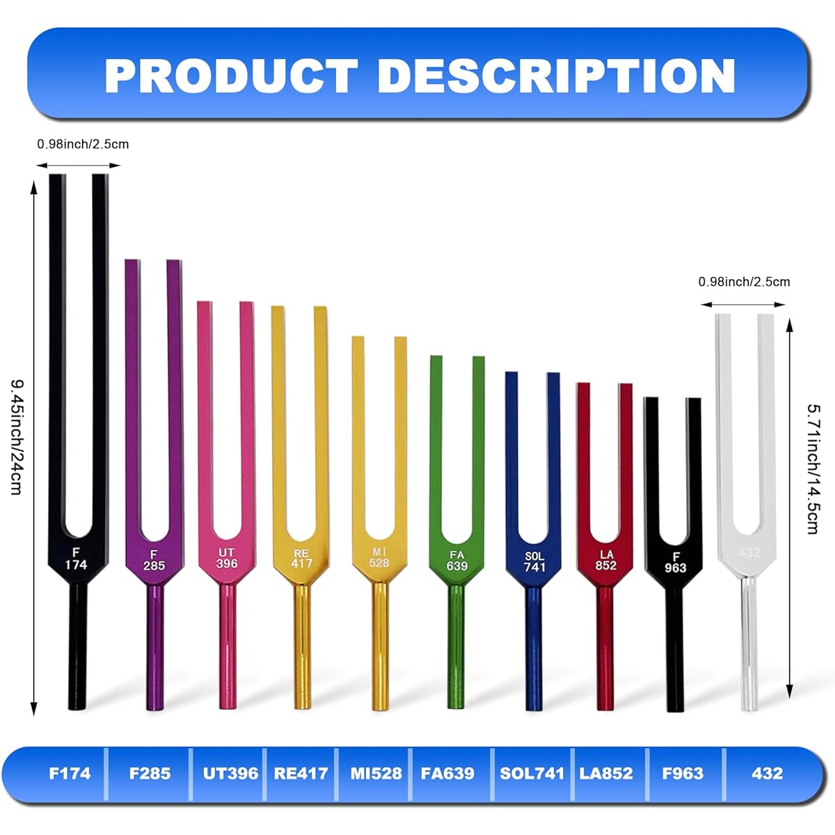 Lrowvenu Solfeggio Tuning Fork Set of 10 Pieces Weightless Color Solfeggio Tuning Fork Aluminum Alloy with 2 Rubber Mallets Cleaning Cloth Exquisite Aluminum Box