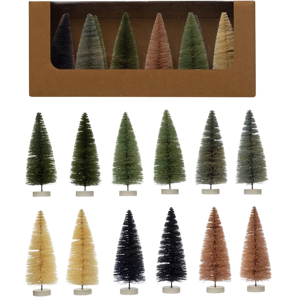 Sisal Bottle Brush Trees, 2" Round x 5-1/4" Tall, Wood Base, Multicolor, Set of 12