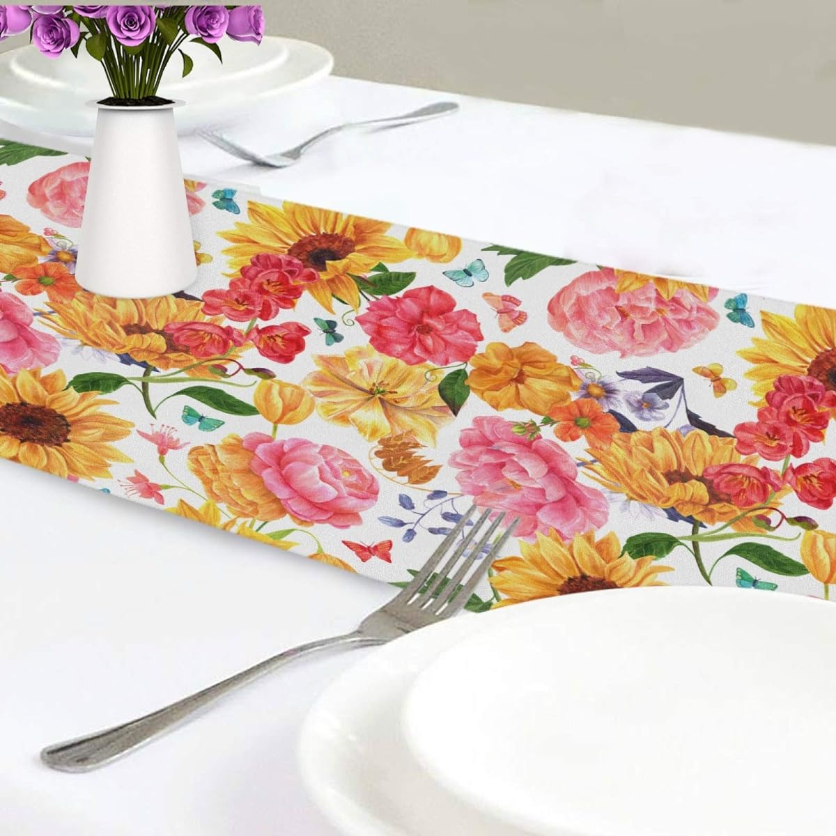 Spring Sunflowers Table Runner 13 x 70 Inch Summer Floral Table Runner Reusable Durable Everyday Use Machine Washable Double Sided Kitchen Spring Summer Home Party Holiday Decoration