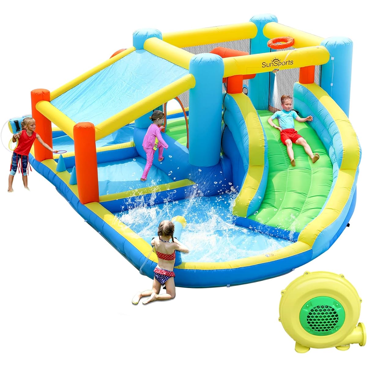 SunSports Inflatable Water Slide Bounce House Kids Backyard Inflatable Water Park with Splash Pool Jump House with Water Slide Bouncy Castle for Wet & Dry