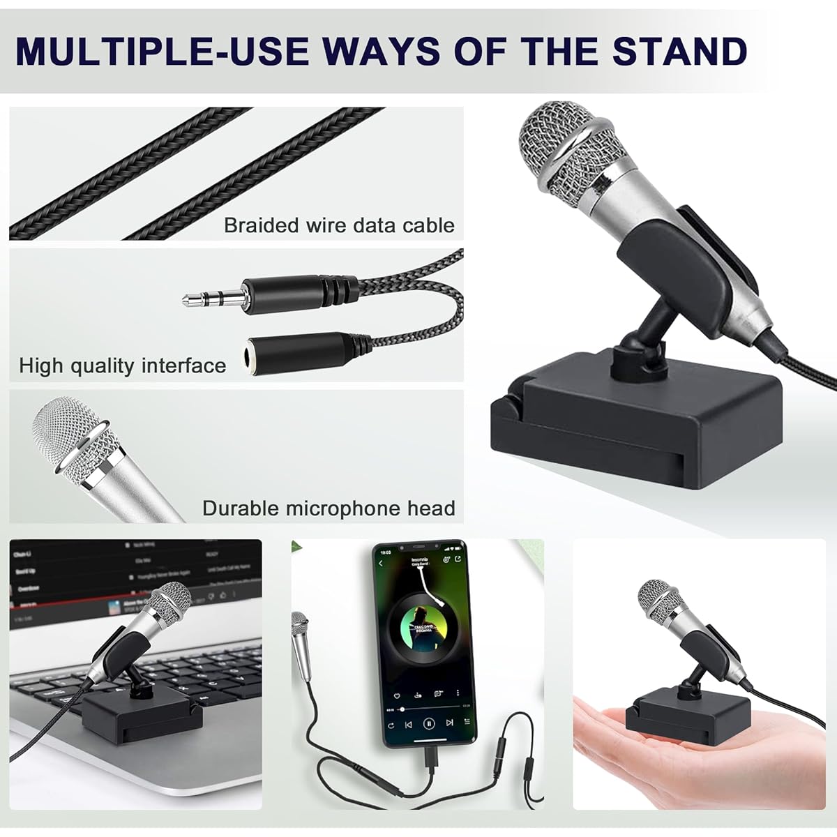 RICHUPON USB C Mini Microphone Karaoke Portable ASMR Microphone with Stand for Android Phone/iPhone15/Laptop/Mac Wired Microphone for Voice Recording/Singing/Interview/Vlog/YouTube/TIK Tok(Silver)