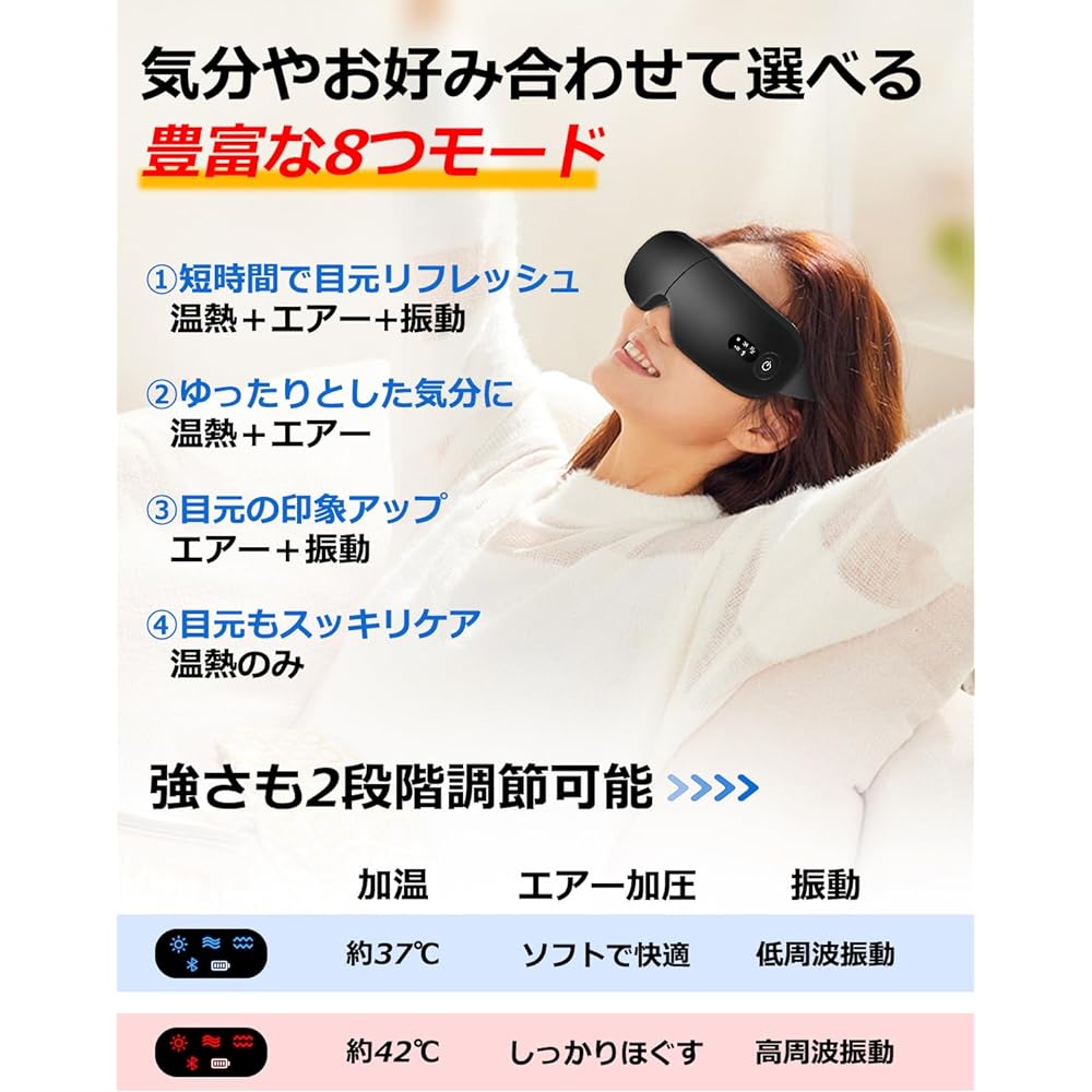 Hot Eye Mask Eye Warmer [Heating x Pressure x Vibration x Music] 4 functions in 1 for professional eye esthetics at home USB rechargeable eye warmer for refreshing eyes Designed by a Japanese company Equipped with Bluetooth function Travel business trip