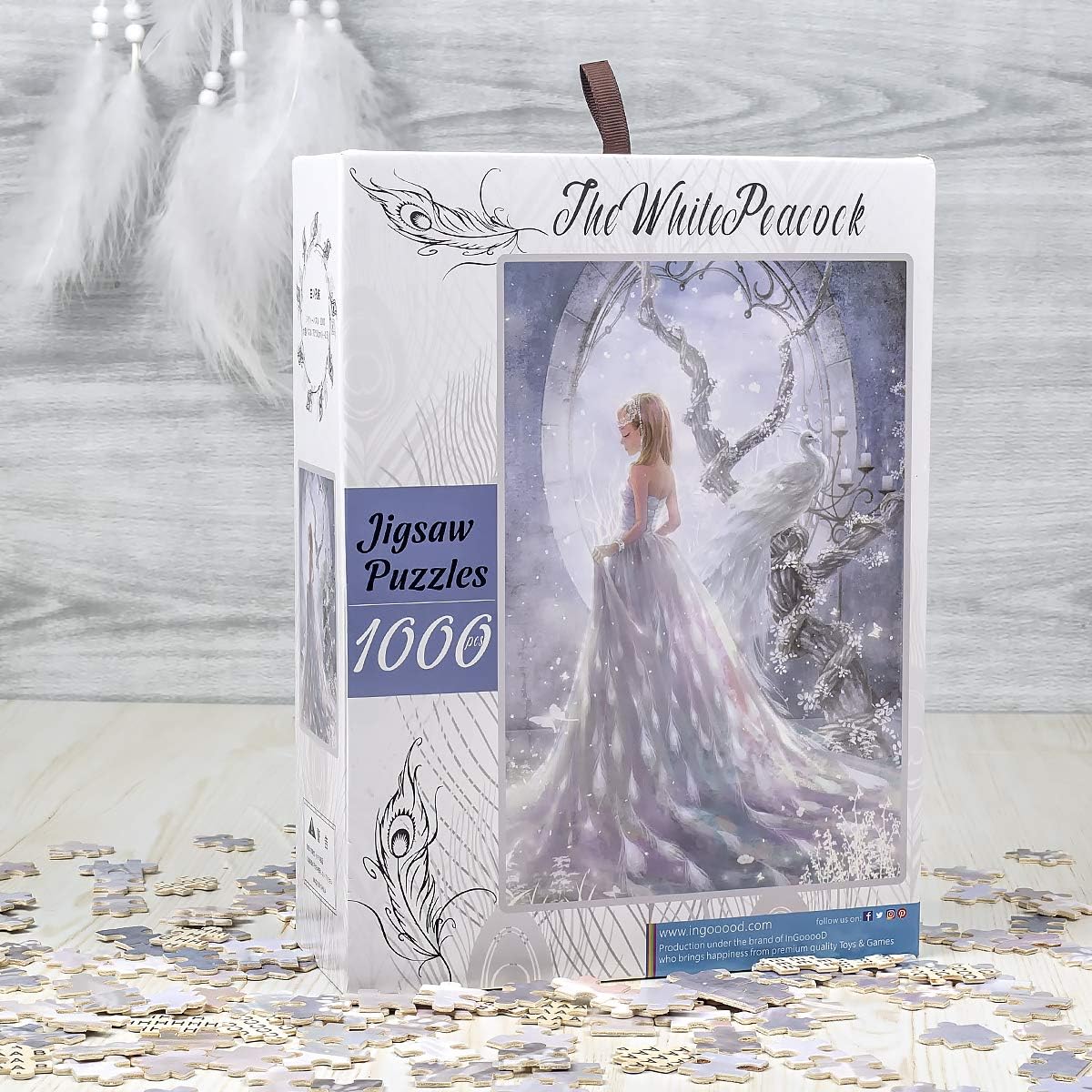 InGooooD - Jigsaw Puzzle 1000 White Peacock - Wooden Puzzle for Adults