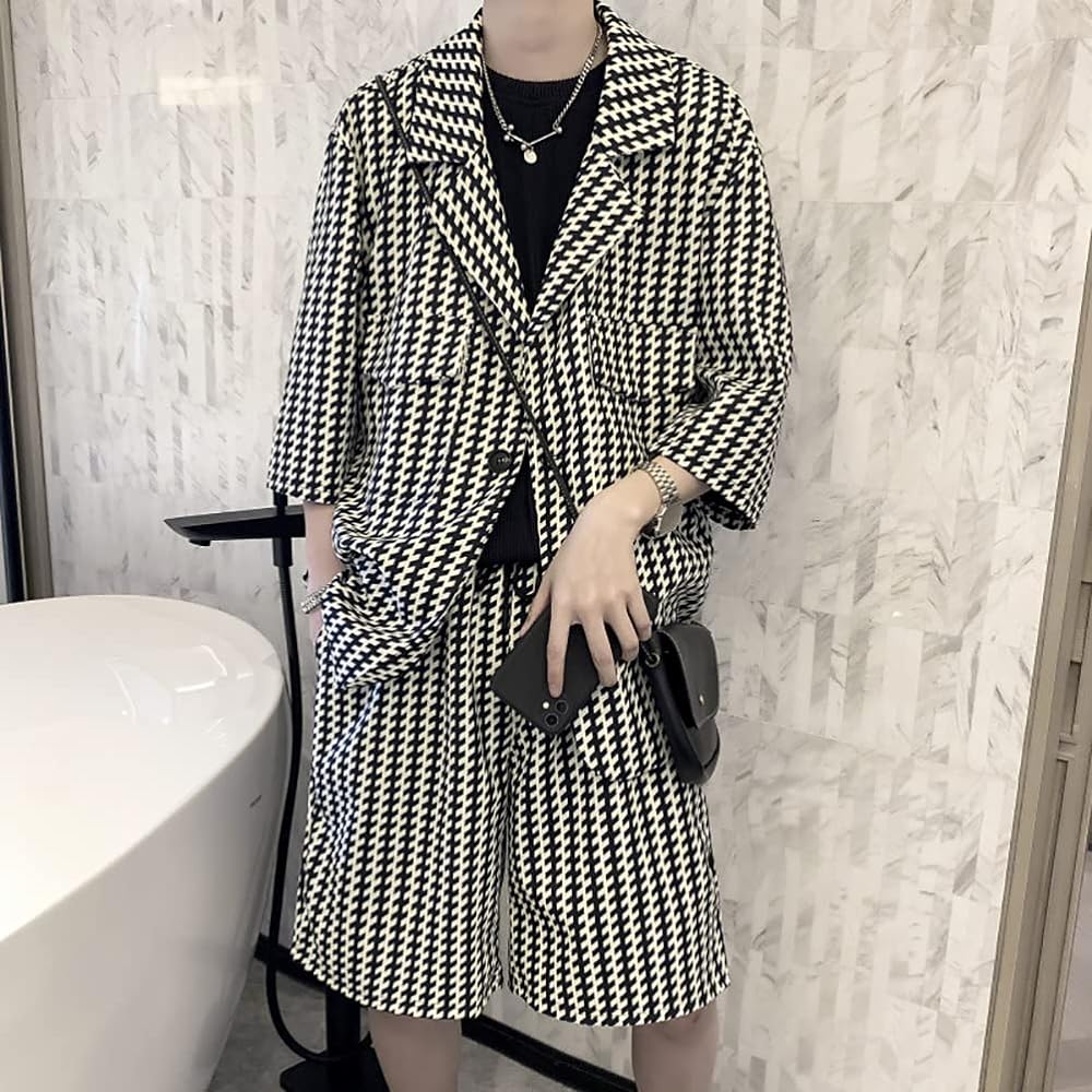 [Majisohiroka] Men's Summer Clothes, Houndstooth Pattern, Open Front, Short Sleeve Jacket, Half Pants, Top and Bottom Set, Sweatshirt, Loose, Jersey, Stylish, Large Size