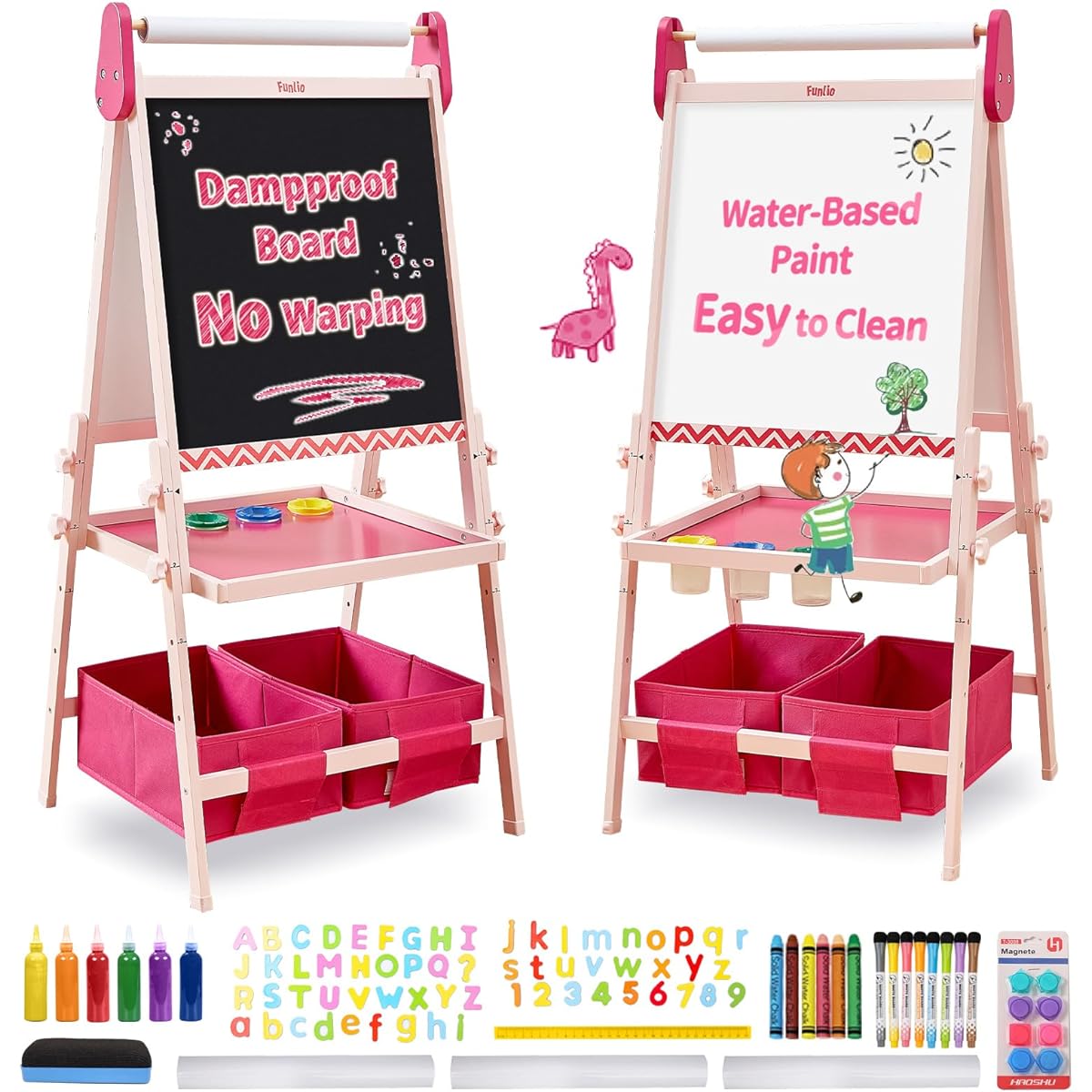 FUNLIO Art Easel for Children 2-8 Years Old, Adjustable Height, Pink