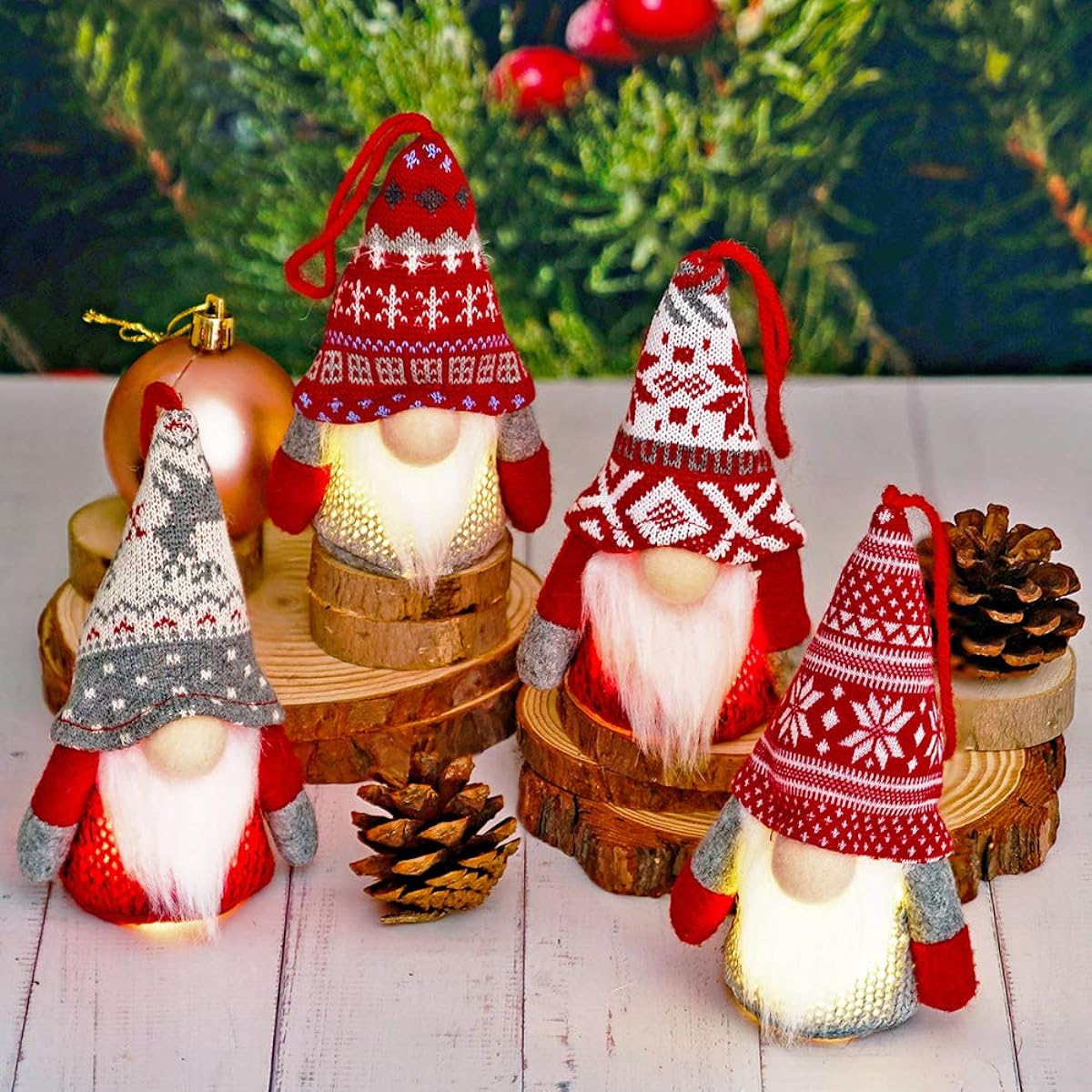 Christmas Gnome Hanging Ornaments with Lights Handmade Swedish Tomte Plush Scandinavian Santa Elf Ornaments Home Decorations for Shelf Table Fireplace Christmas Tree Pack of 4