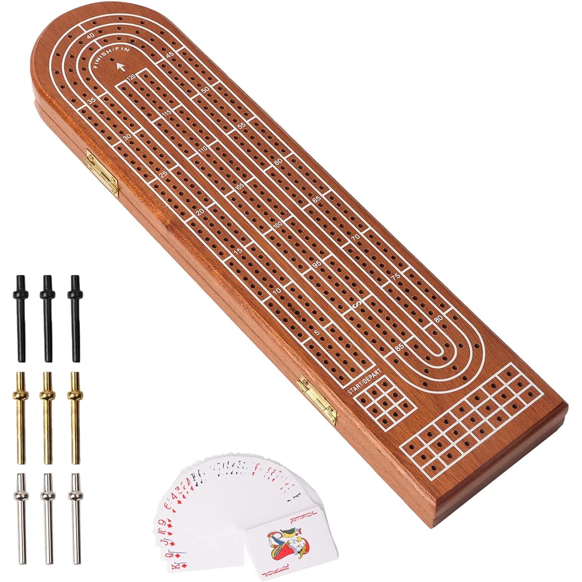 GSE 3 Track Wooden Cribbage Board Game with Playing Cards, Metal Pegs and Storage Area Classic 3 Player Cribbage Board Game for Kids Adults Family Game