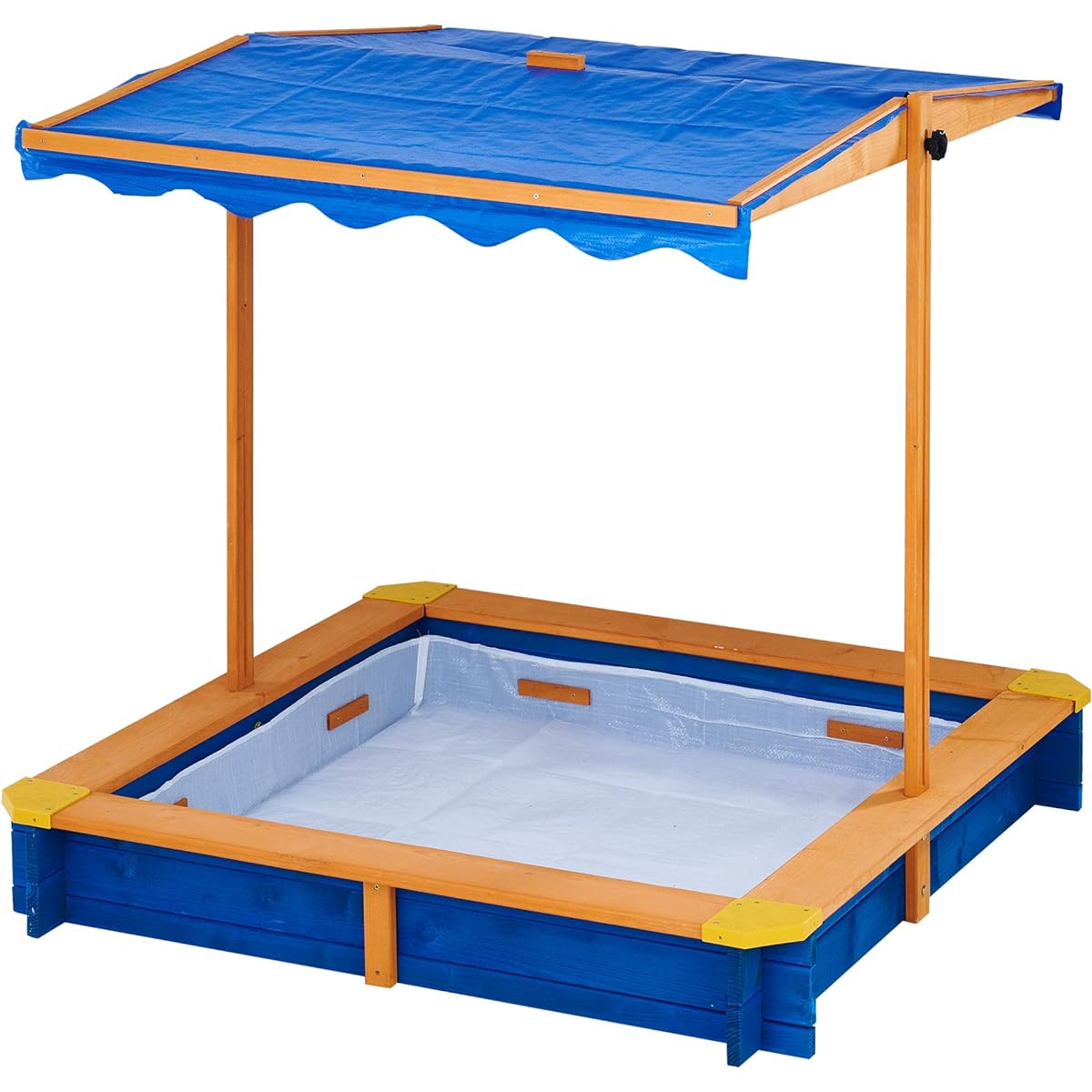 Teamson Kids Outdoor 46" x 46" Spruce Sandbox with Adjustable Canopy and 300 Lb Sand Capacity, Blue and Wood
