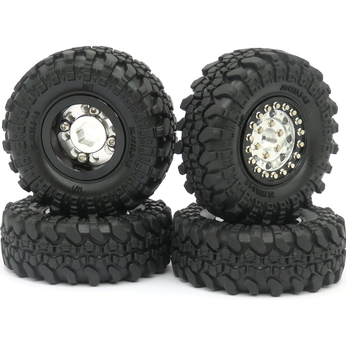 HOBBYSOUL 1/24 Wheels and Tires 1:24 Tires Mounted on 1.0 Beadlock Wheels Silver Black Weight: 33g (1.0 Tires with Foam + 1.0 Wheels with Heavy Stainless Steel Beadlock Rings) (4 Pack)