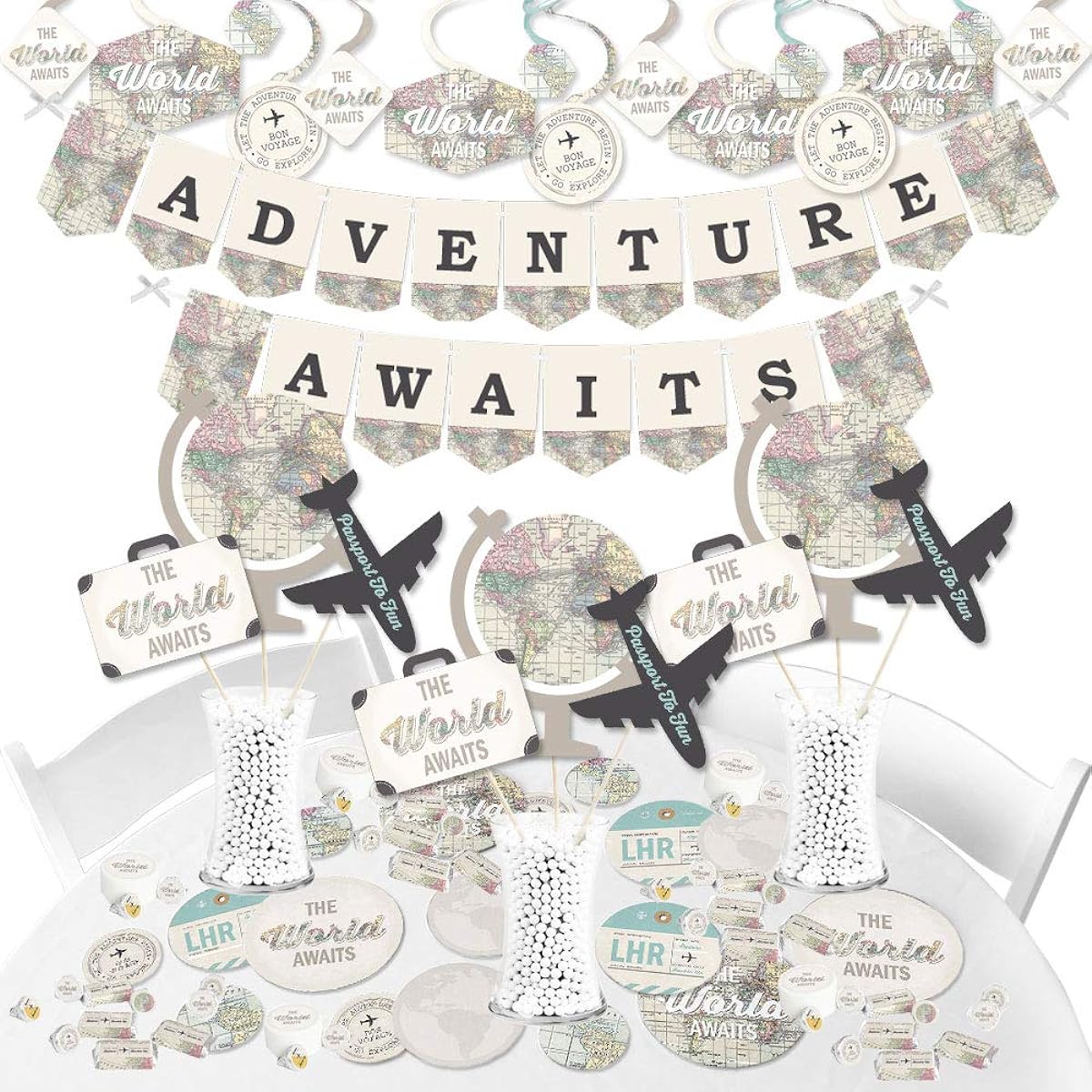 Big Dot of Happiness World Awaits - Travel Themed Graduation Retirement Party Supplies - Banner Decorations Kit - Bundle