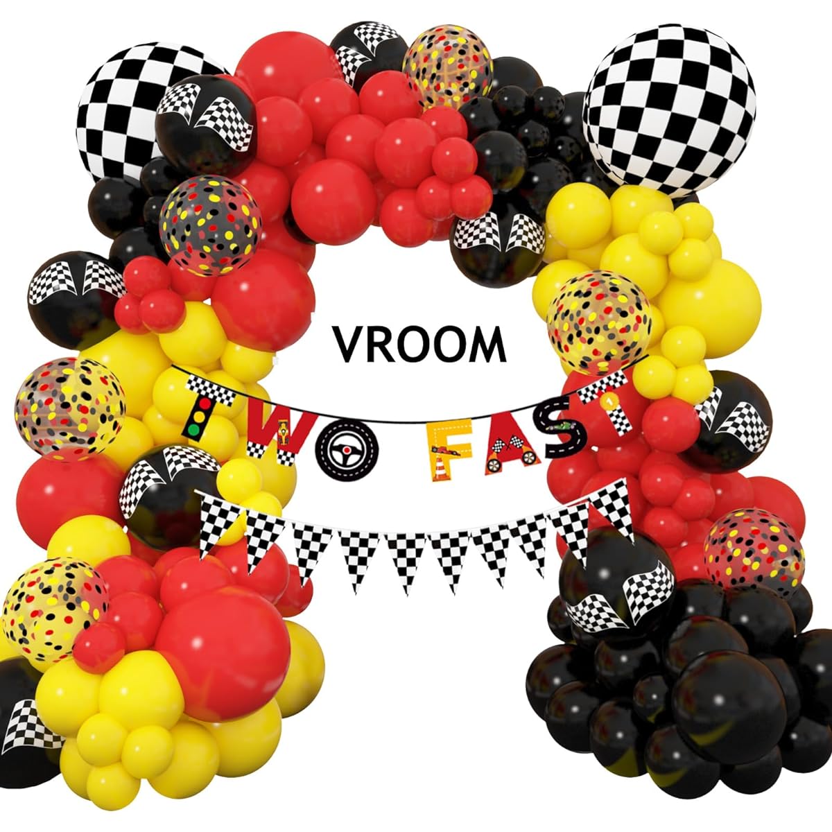 Racing Car Balloons Arch Garland Kit Truck Car Theme Birthday Party Decorations Supplies for Boys 2 Fast Birthday Decorations Banner Checkered Flag Mosaic Foil Balloons