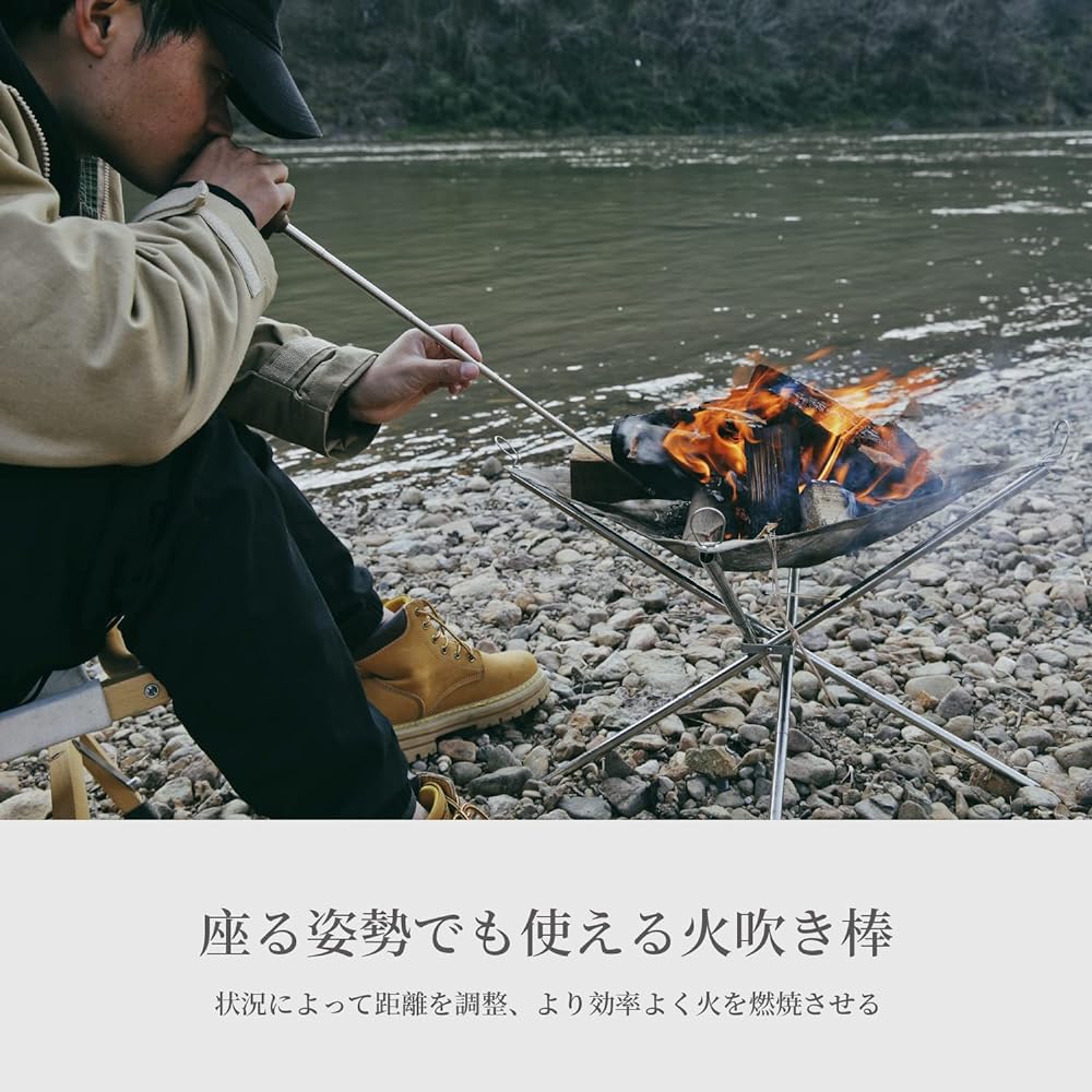 Fire blowing stick, fire starter, fire blowing bellows, telescopic, 63 cm, with strap, storage bag included, 6 tiers, compact, lightweight, stainless steel, natural wood, durable, bonfire, camping equipment, barbecue