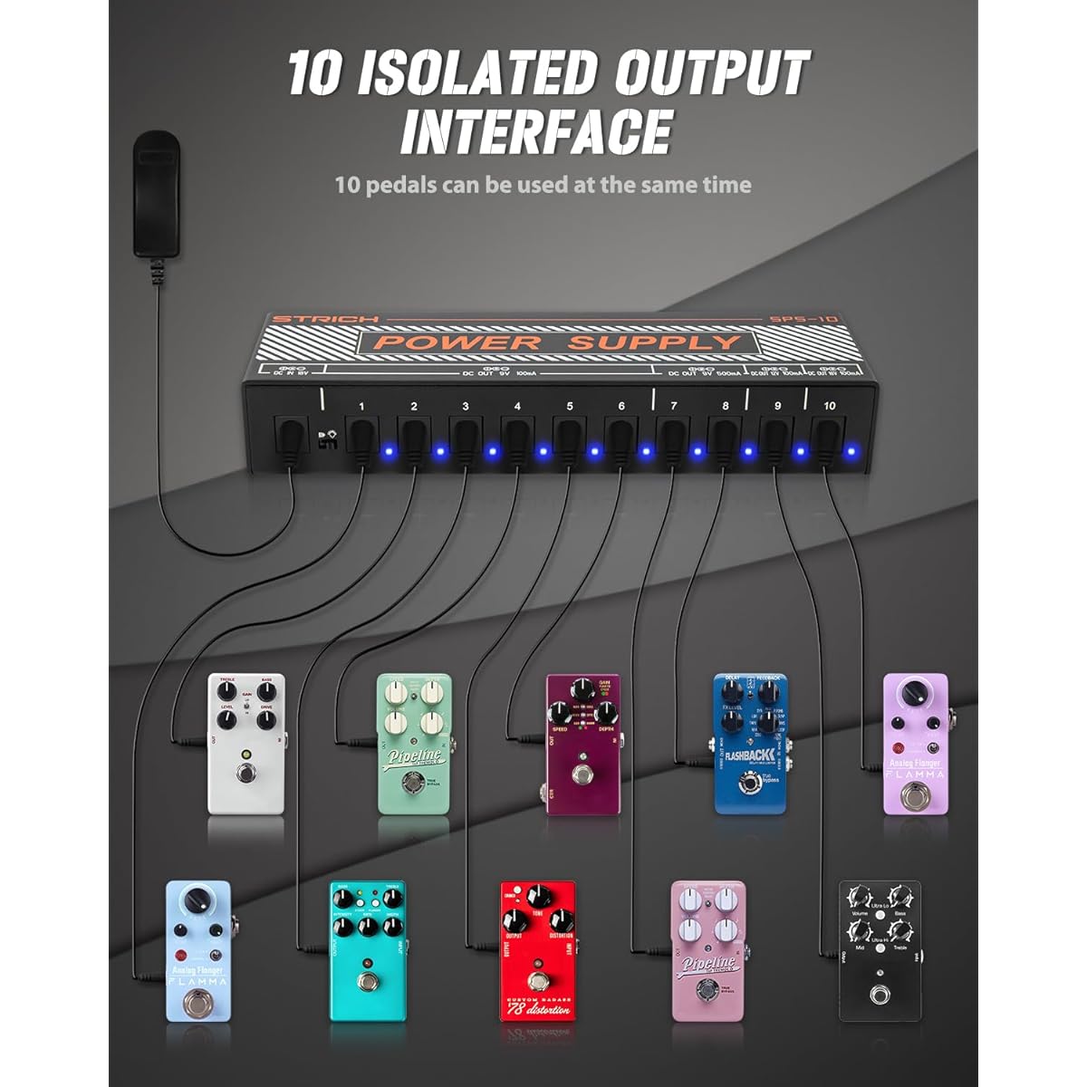 STRICH Guitar Pedal Power Supply 10 Isolated DC Outputs for 9V/12V/18V Effect Pedal 100mA 500mA Pedal Board Power Supply Short Circuit Protection Noise Reduction Circuit Design New Version