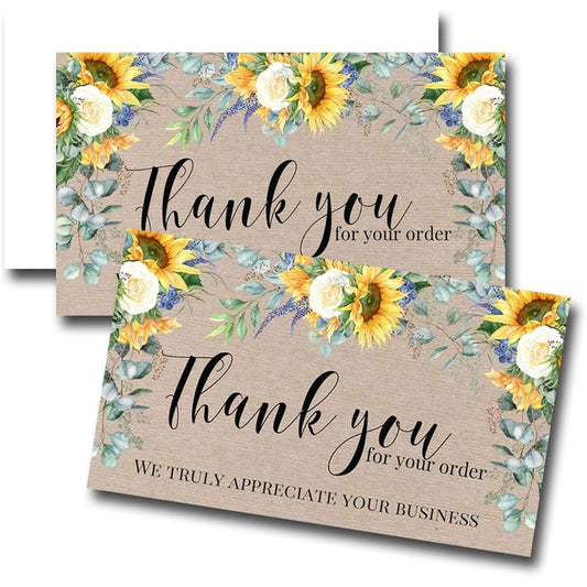 AmandaCreation Yellow Floral Sunflower Thank You Cards for Small Business, Pack of 100, 2" x 3.5", Single Sided Insert Cards
