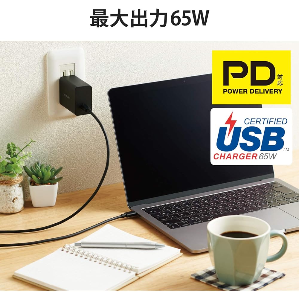 ELECOM GaN (Gallium Nitride) AC Adapter ACDC-PD1265BK Laptop/iPhone/Smartphone/Nintendo Switch, etc. PD Certified Max 65W Type-C1 Port C-C Cable Included 2m Black