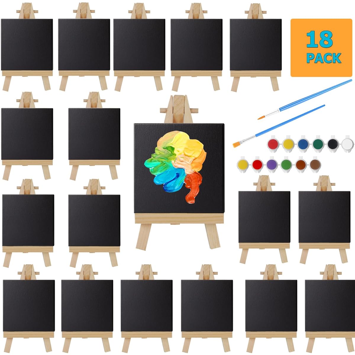 Gredak Black Mini Canvas for Painting with Easel Set 18.3 x 3 Inch, 18 Pieces Black Mini Canvas, 5 Inch Mini Easel, Acrylic Paints and Brushes, Black Small Canvas for Adults, Kids, Art Supplies