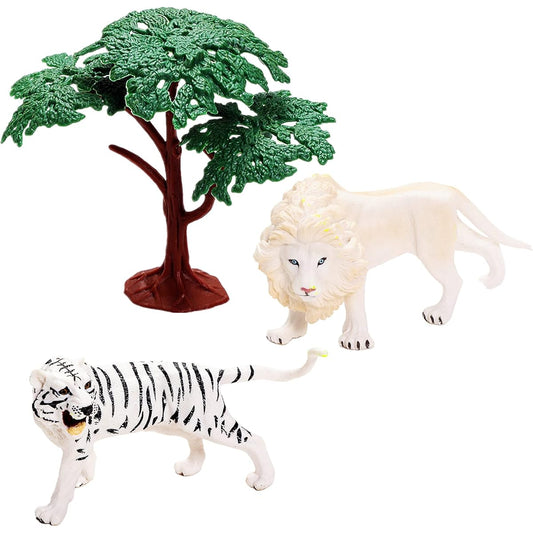 Qiandier 2 Pieces Realistic White Tiger Figurine Lion and Wild Animal Figures Model with Plastic Tree