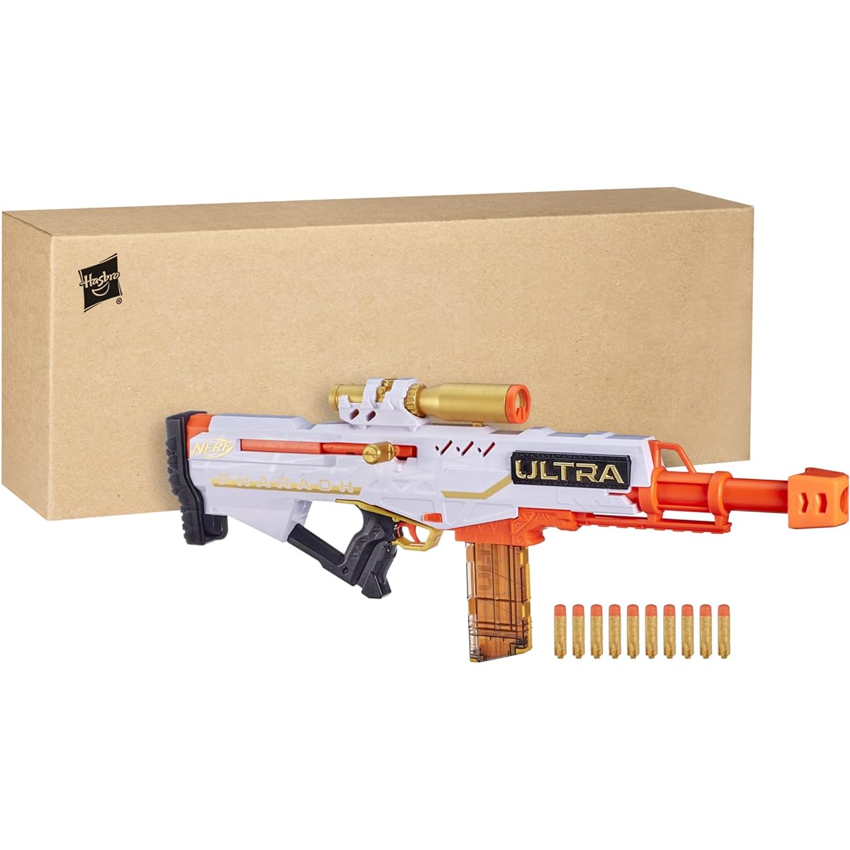 NERF Ultra Pharaoh Blaster with Premium Gold Accents, 10-Dart Clip, 10 Ultra Darts, Bolt Action, Compatible Only Ultra Darts