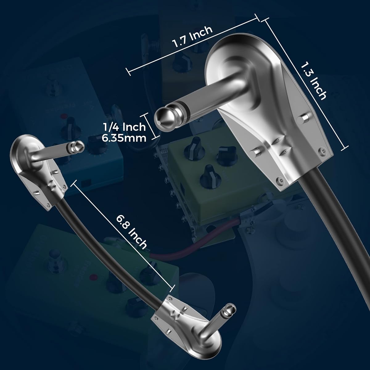 Togconn 6 Pack Guitar Pedal Patch Cable Short Pedal Board Cord 6.35mm (1/4") Right Angle Flat Audio Adapter TS Male Connector for Effect Pedal - 6"