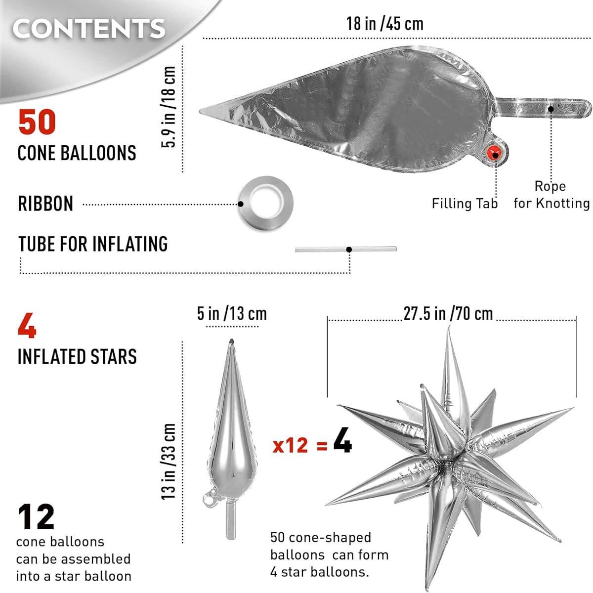 50 silver foil star balloons.