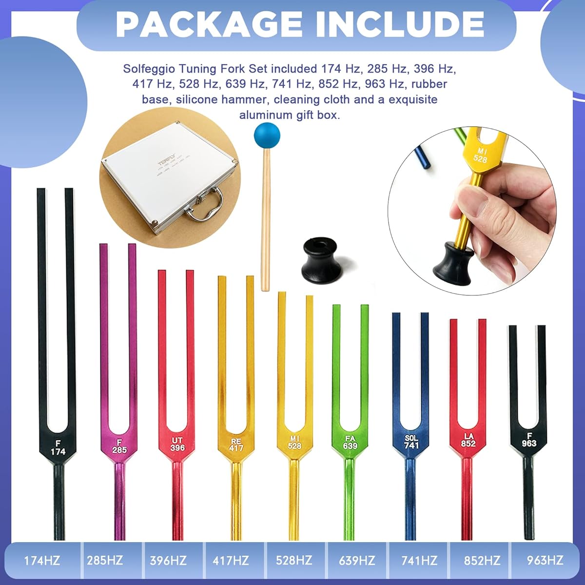 TENFLY Solfeggio Tuning Fork Set - 9 Tuning Forks DNA Healing Chakra Sound Therapy Multicolor with Exquisite Aluminum Gift Box (174Hz, 285Hz, 396Hz, 417Hz, 528Hz, 639Hz, etc.)