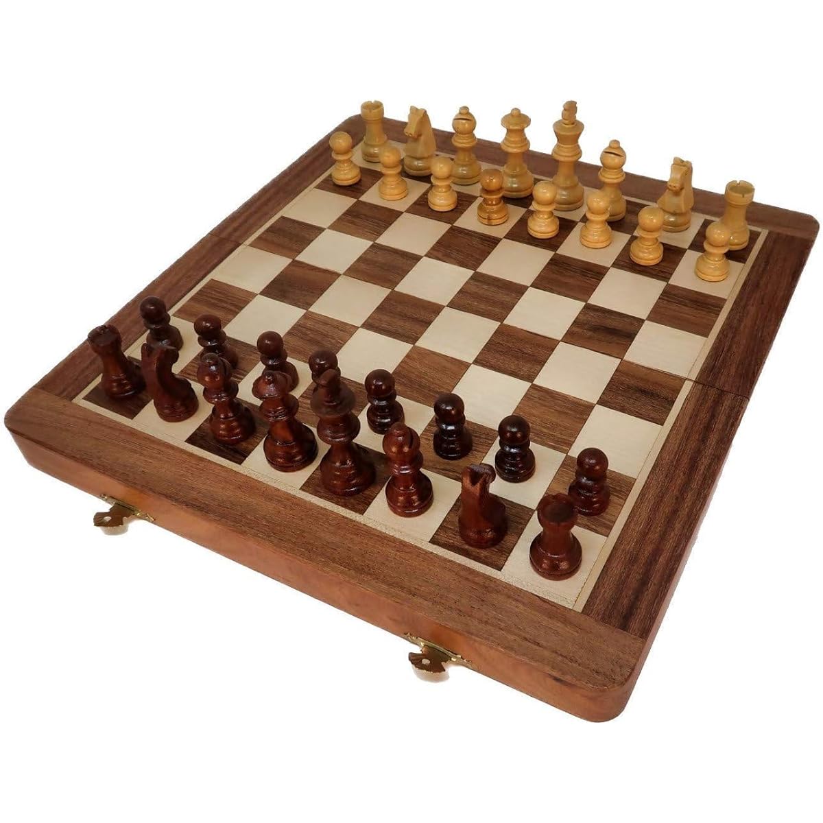 Ajuny Wooden Chess Set with Magnets for Travel, Maple and Acacia, Foldable, Piece Storage, Board Game for Adults and Family, Size 12 Inch