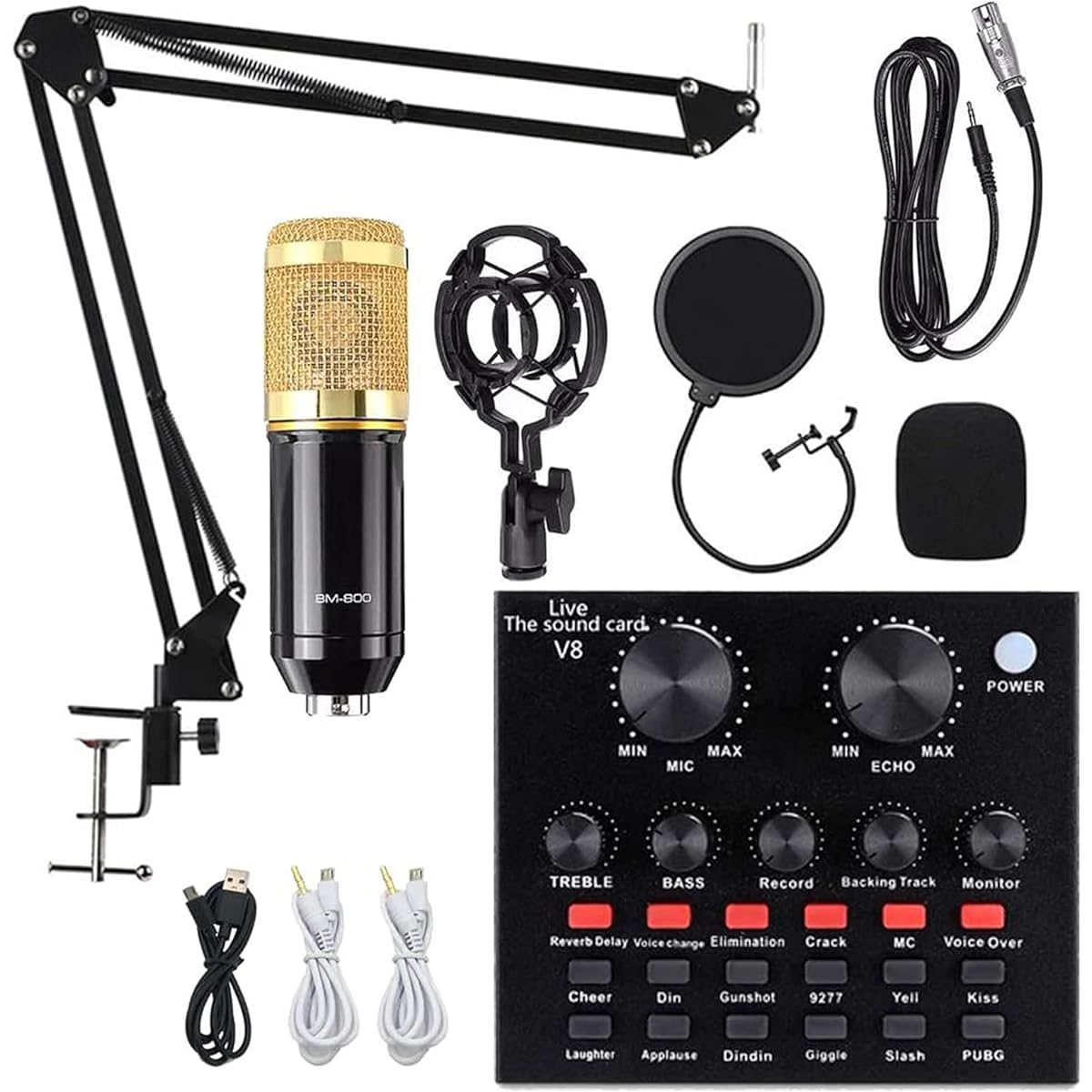 V8 Sound Card Set, BM-800 Microphone Set, Sound Effects Device, Voice Changer with Microphone and Bracket, for Studio Recording and Broadcast Mobile Live Streaming DDF