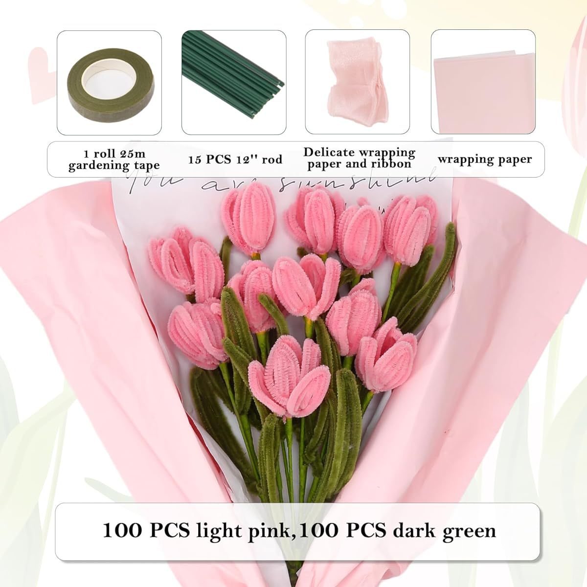 iCraftine 200 Pieces Pipe Cleaners Craft Supplies DIY Chenille Stems Tulip Bouquet Kit with Step-by-Step Video Tutorials for Wedding Gifts and Holiday Decorations