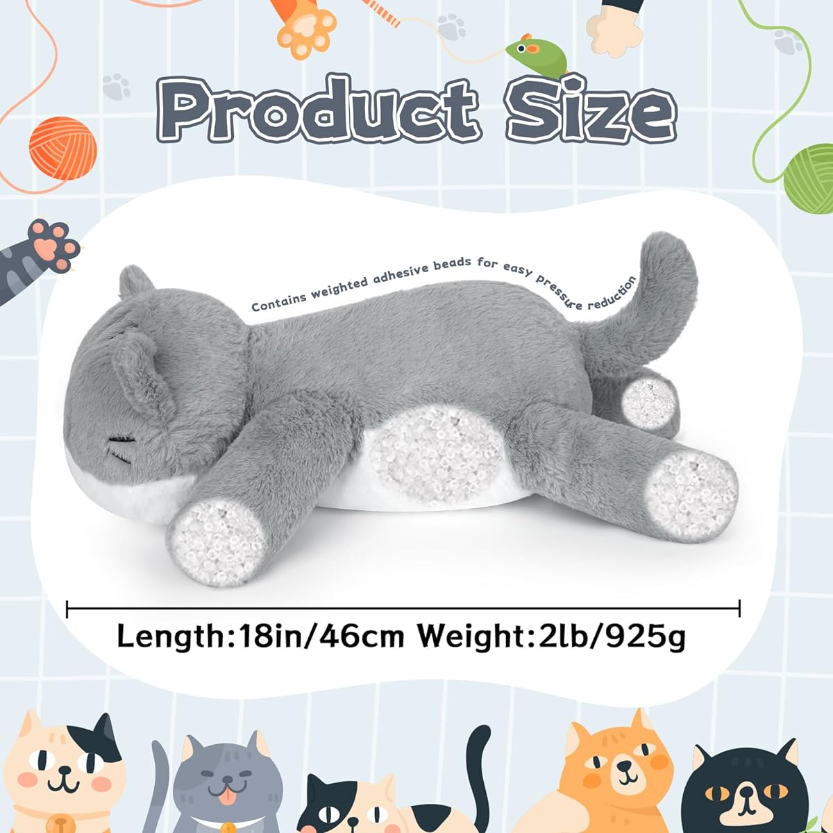 Leokawin 18 Inch 2 Pound Weighted Plush Cat Stuffed Animal Cute Weighted Gray Cat Stuffed Animal Cute Stuffed Animal Soft Weighted Gray Cat Stuffed Animal for Kids and Adults
