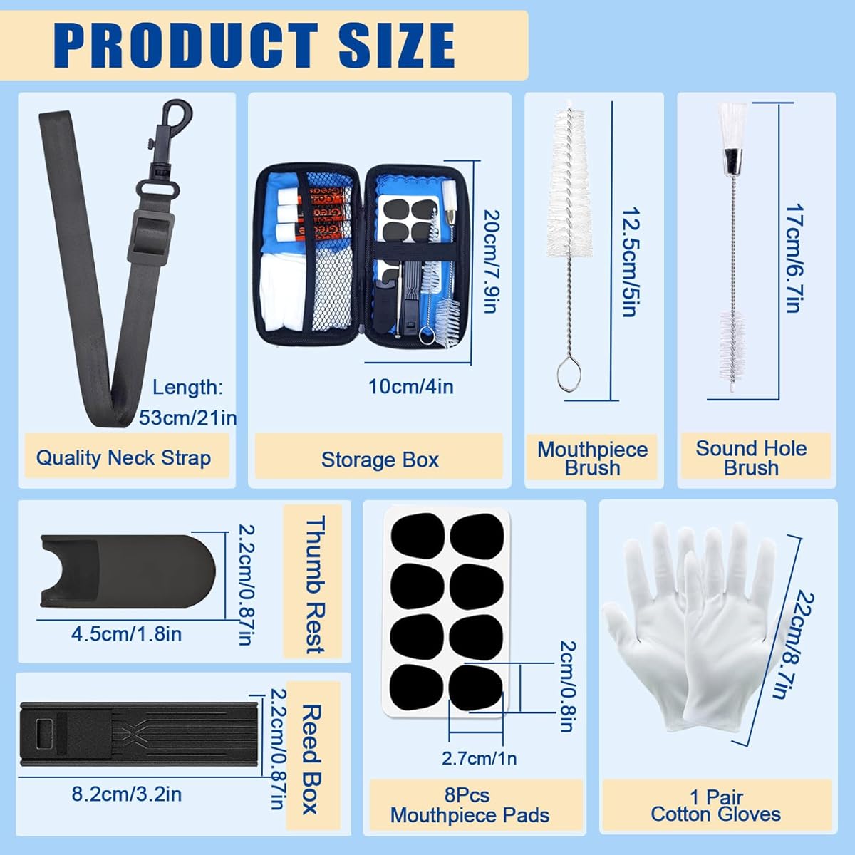 Clarinet Saxophone Cleaning Kit with Case, Flute Cleanser, Maintenance Kit, Cork Grease, Cotton Swabs, Cleaning Cloth Included, Thumb Rest, Reed Case, Mouthpiece Brush, etc. for Wind and Woodwind Strums
