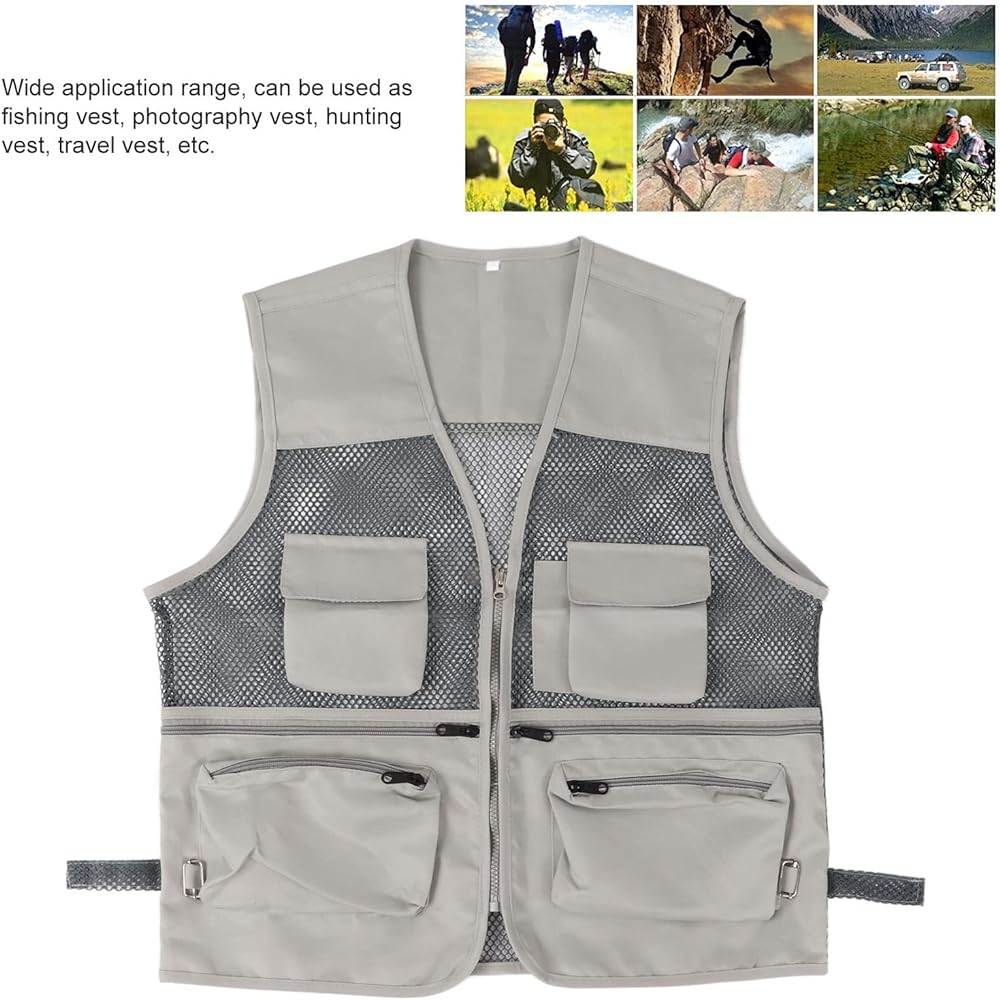 Entatial Fishing Vest, Outdoor Vest Mesh, Comfortable Polyester Card Fabric, Suitable for Various Activities such as Fishing, Photography, Hunting, Traveling (L, Light Gray)