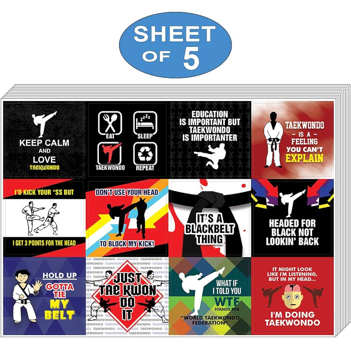 Creanoso Taekwondo Stickers (5 Sheets) - Total 60 Pieces (5 x 12 Sheets) Individual Small Size 2.1 x 2 Inch, Unique Personalized Theme Design, Flat Surface DIY Decoration Art Decals for Kids