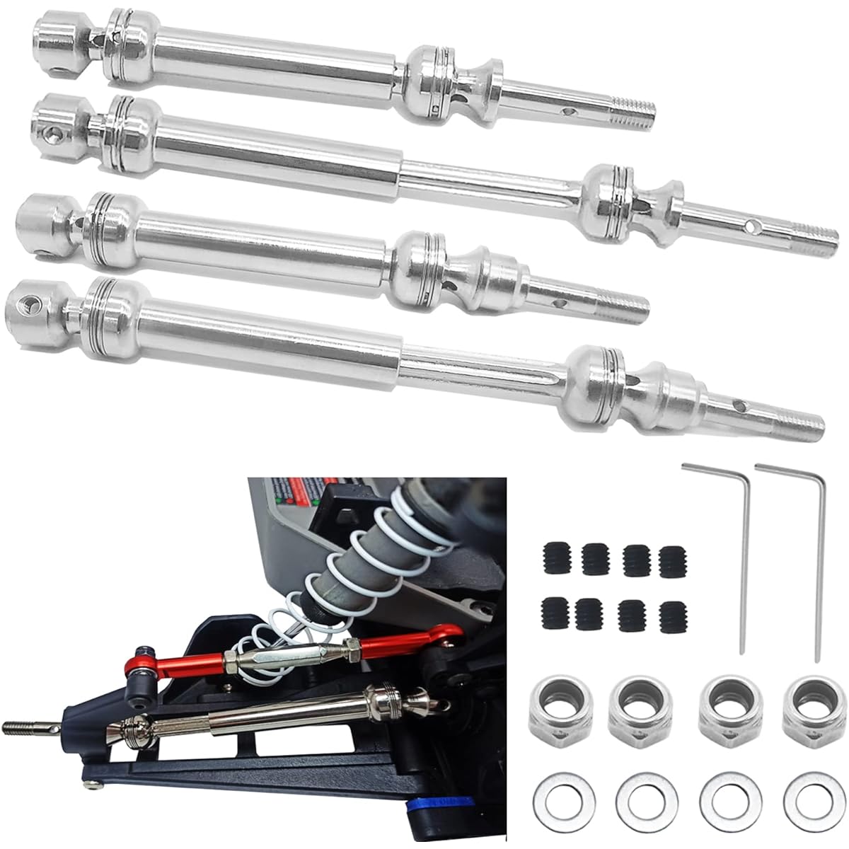 Stainless Steel CVD Front & Rear Drive Shafts for 1/10 Traxxas Slash Platinum/Ultimate/VXL 4x4/Rustler VXL 4X4/Stampede VXL 4X4/Hoss VXL 4X4 4WD RC Car Upgrade Patrs 4pcs(Silver)