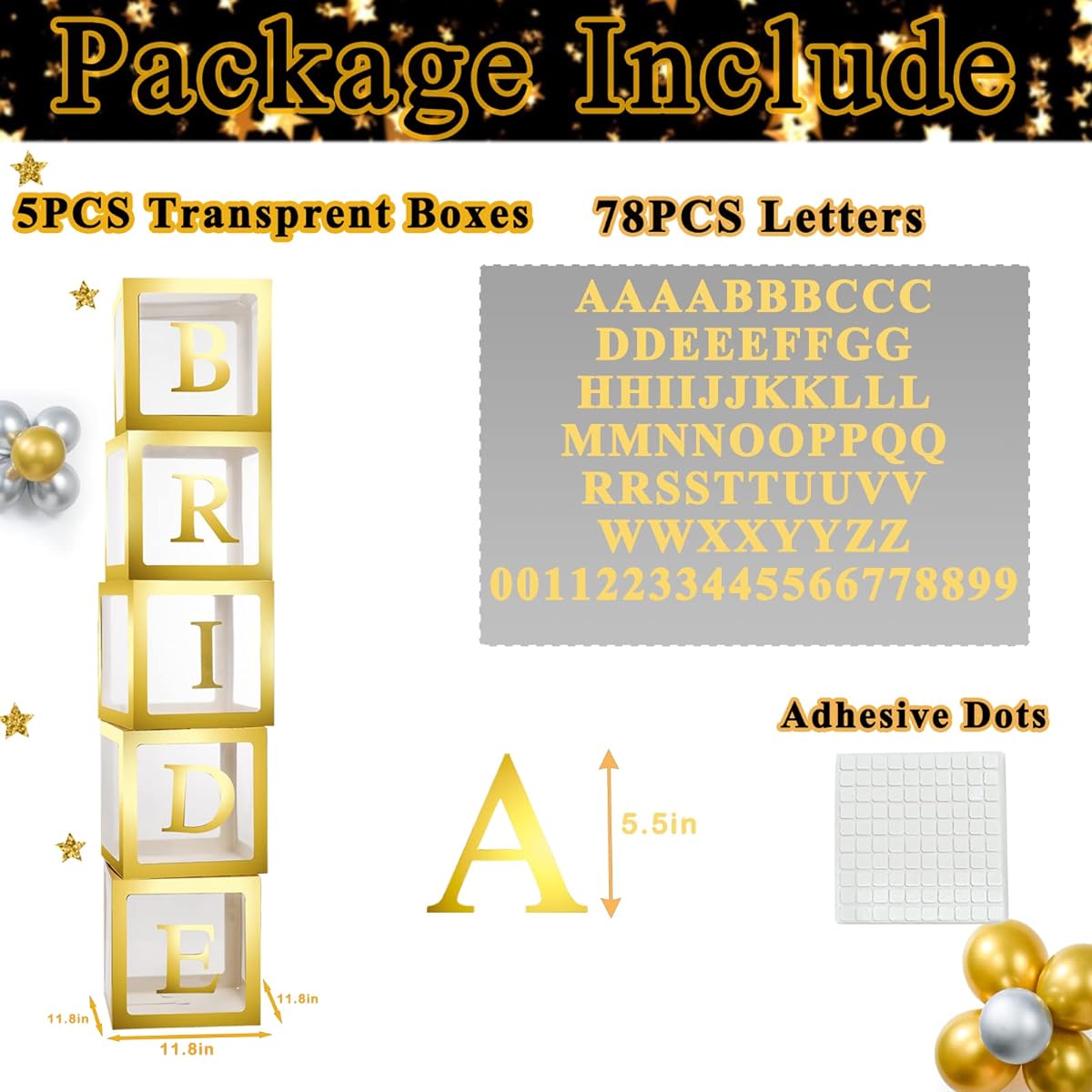 Baby Boxes with Letters for Baby Shower, 5pcs Clear Balloon Boxes with 78 Letters and Numbers, Baby Blocks Bridal Shower Gender Reveal Decorations Birthday Wedding Party Grad Backdrop Gold