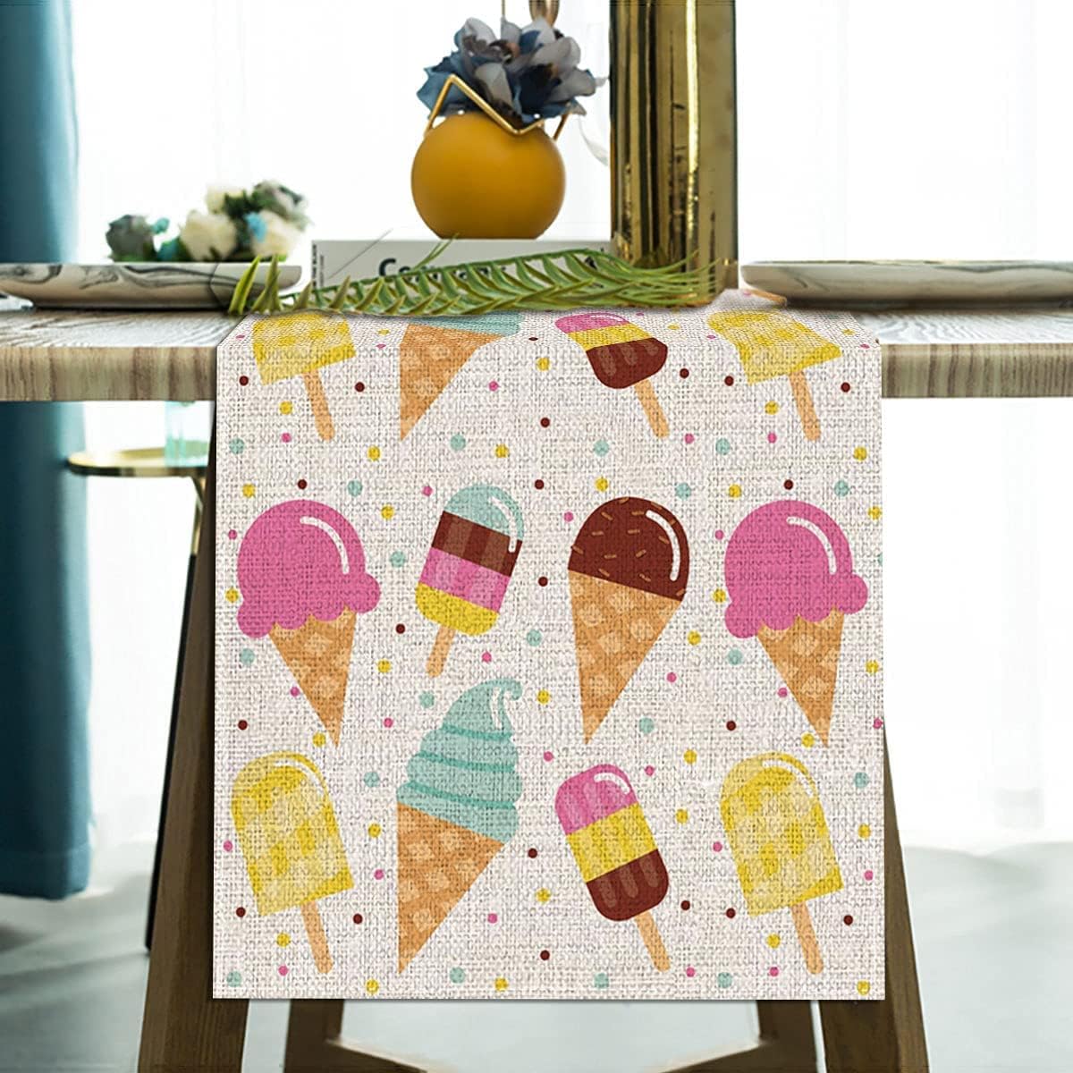 Linen Ice Cream Table Runner Summer Birthday Party Home Dining Room Table Decoration (13" x 108")