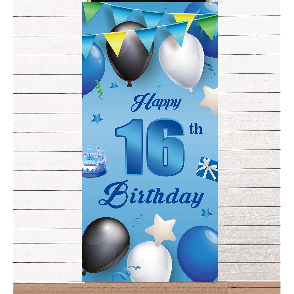Happy 16th Birthday Blue Banner Backdrop Balloons Stars Confetti 16 Years Old Theme Decorations Door Porch Decor Gifts for Boys 16th Birthday Party 16th Anniversary Supplies