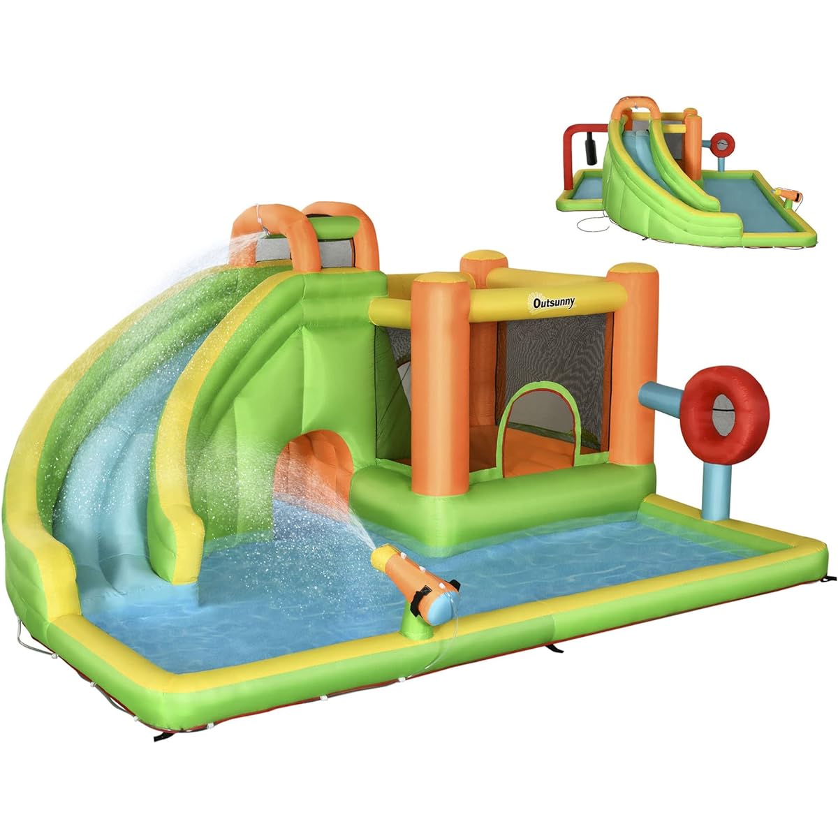 Outsunny 7-in-1 Backyard Inflatable Bounce House with Pool Sports, Water Guns and More, Inflatable Water Slide for Kids, 2 Minute Inflatable, Large Outdoor Games for Birthday Party Activities