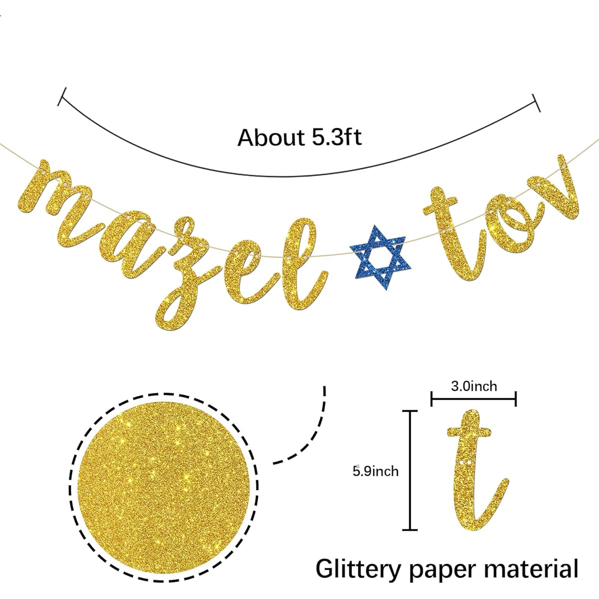INNORU Mazel Tov Banner Congratulations Party Decorations Bar Mitzvah Birthday Wedding Jewish Party Decorations Gold Glitter