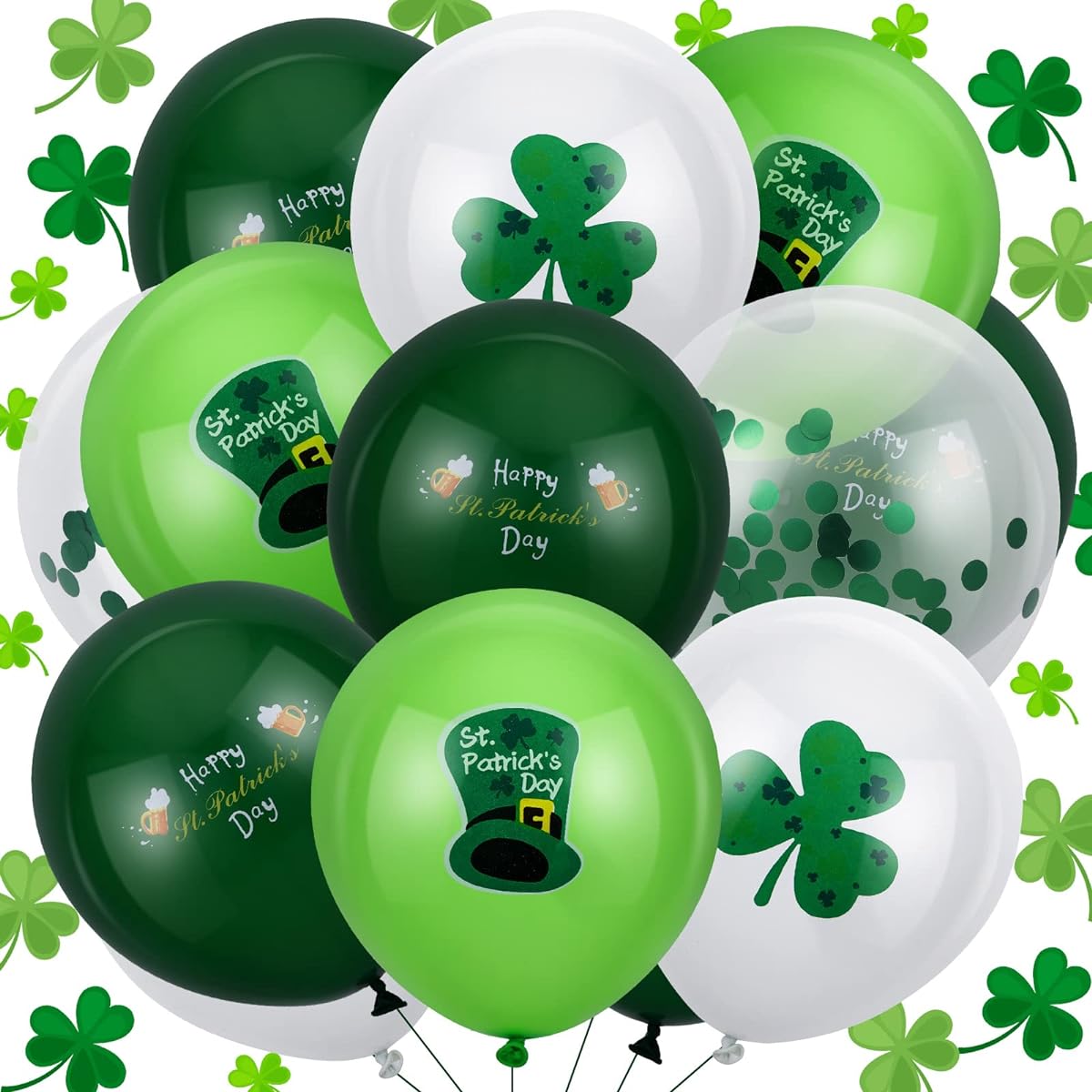 St. Patrick's Day Latex Balloons Green Confetti Balloon Set White Green Helium Party Balloons St. Patrick's Day Decorations Irish Party Supplies 50 Pieces