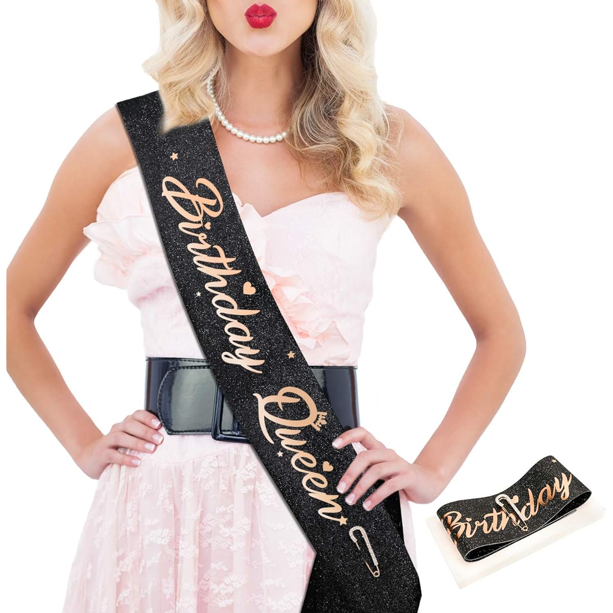 Konsait Birthday Sash, Birthday Sash for Girls | Birthday Queen Black Glitter Rose Gold Foil | Birthday Gift, Birthday Party Favors Decorations - 16th18th 21st 30th 40th 50th Birthday