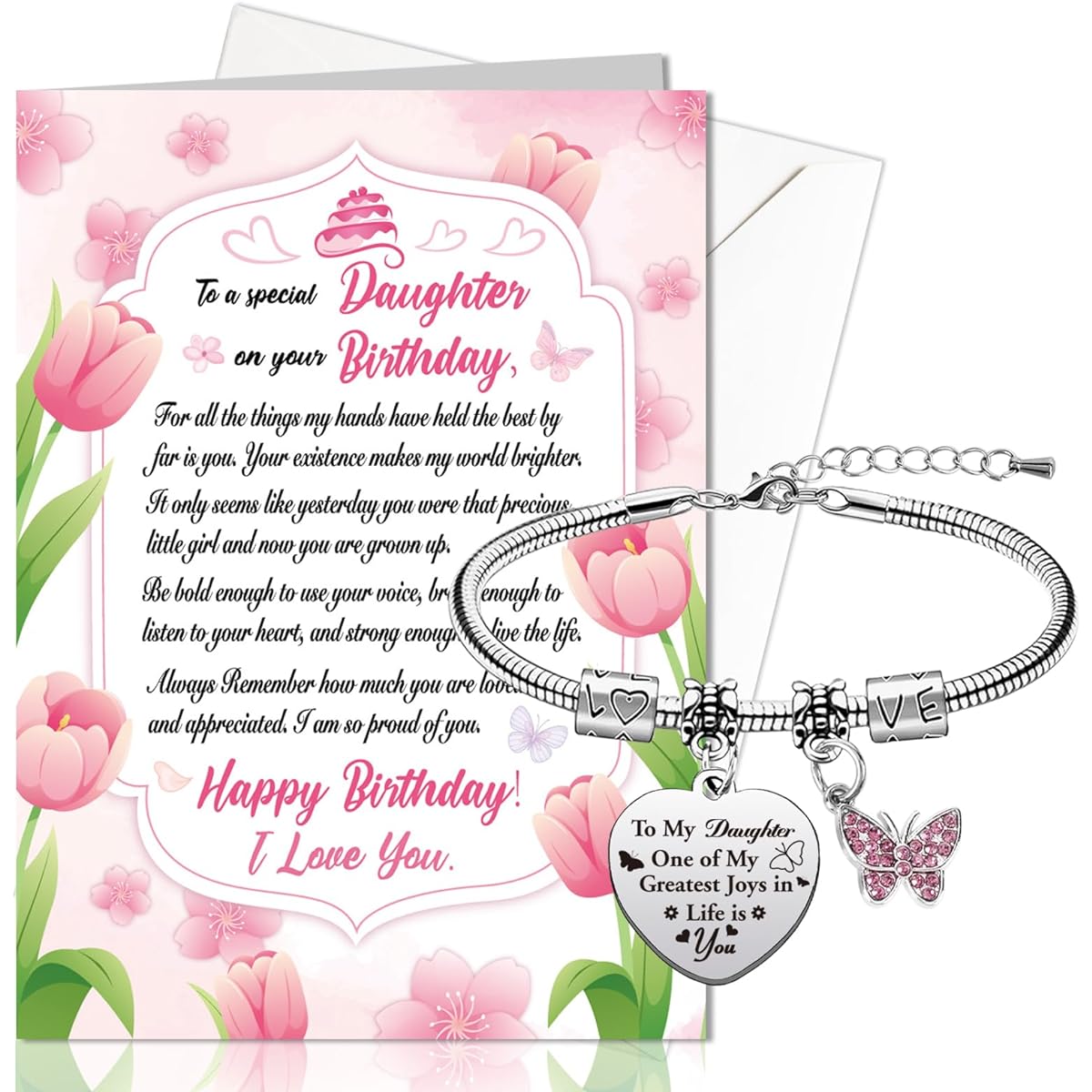 HOWAF Birthday Card from Mom to Daughter, Happy Birthday Bracelet from Dad to Daughter, Birthday Card for Daughter, Birthday Gift for Daughter, Heart Engraved Bracelet from Mommy Dad's Parents