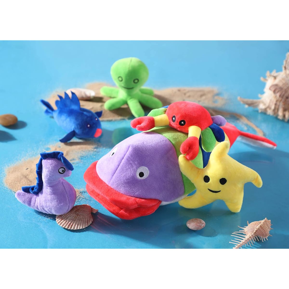 14" Plush Whale Playset 5 Piece Soft Sea Animal Stuffed Animals Octopus, Crab, Starfish, Hippocampus, Blue Fish Stuffed Animals