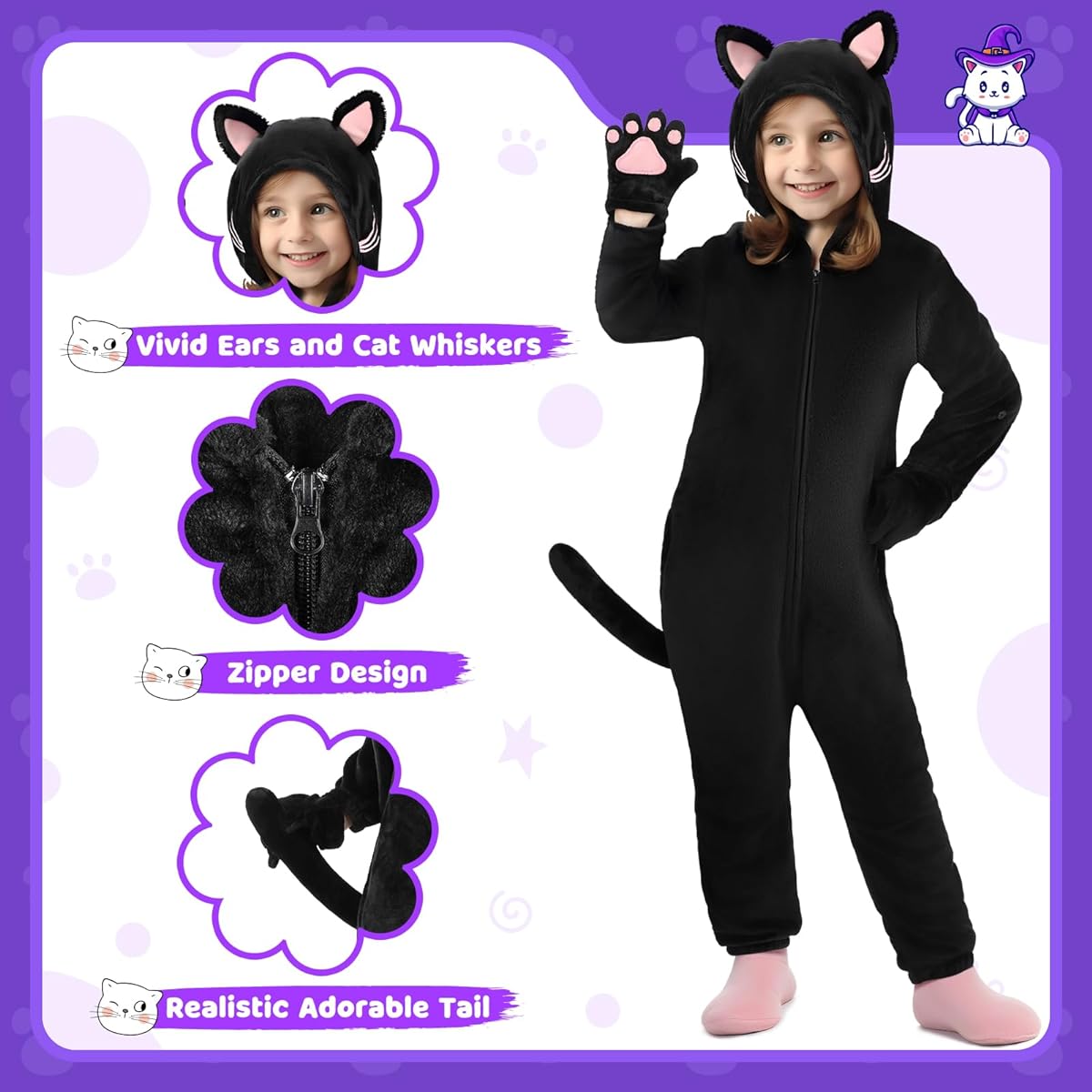 GIFTINBOX Cat Costume for Girls Cat Noir Costume Zip Up Hooded Onesie Black Cat Costume Kids Dress Up Role Play Halloween Costume for Kids Girls 5 6 7 8 9 10 (Cat Costume-Black-M)