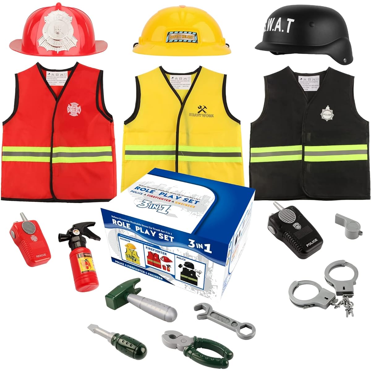 [FUAUFAS] Cocojeci Boys Dress up Trunk Costumes Set,15pcs Pretend Role Play Set Fireman, Police, Construction Worker Costume with Accessories for Kids Ages 3-7